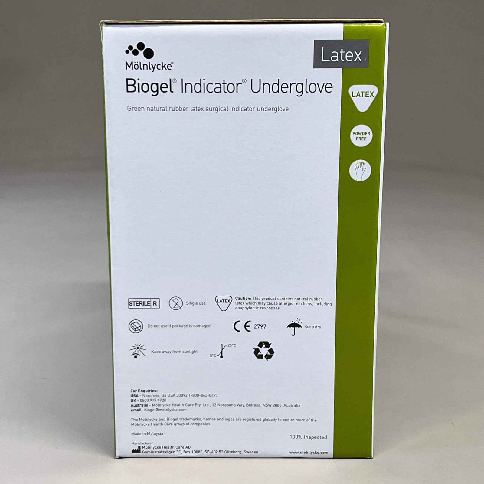 MOLNLYCKE Biogel Latex Surgical Indicator Underglove SZ 7.5 Green 50 Pairs 31275
