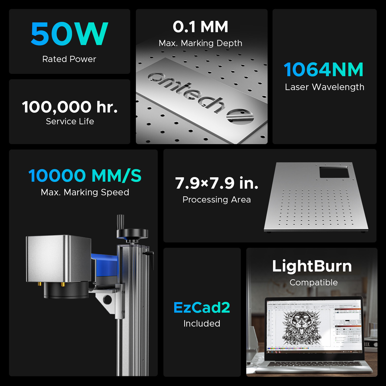 OMTech™️ 50W Max Fiber Laser Marking Engraving Machine 8×8 in with Rotary Axis