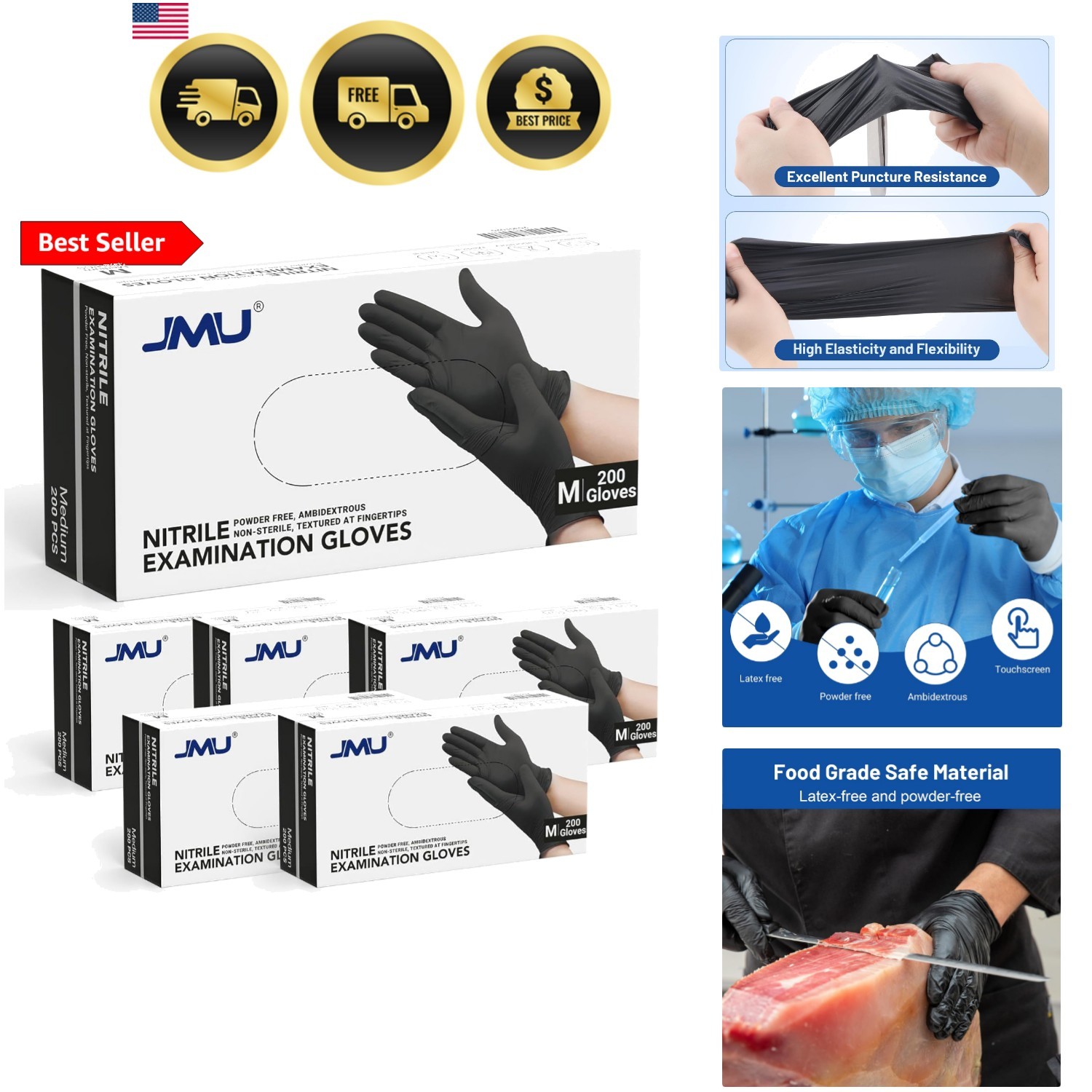 Black Nitrile Gloves Medium Bulk, Case of 1200, 3.5Mil, Latex Free Powder Free