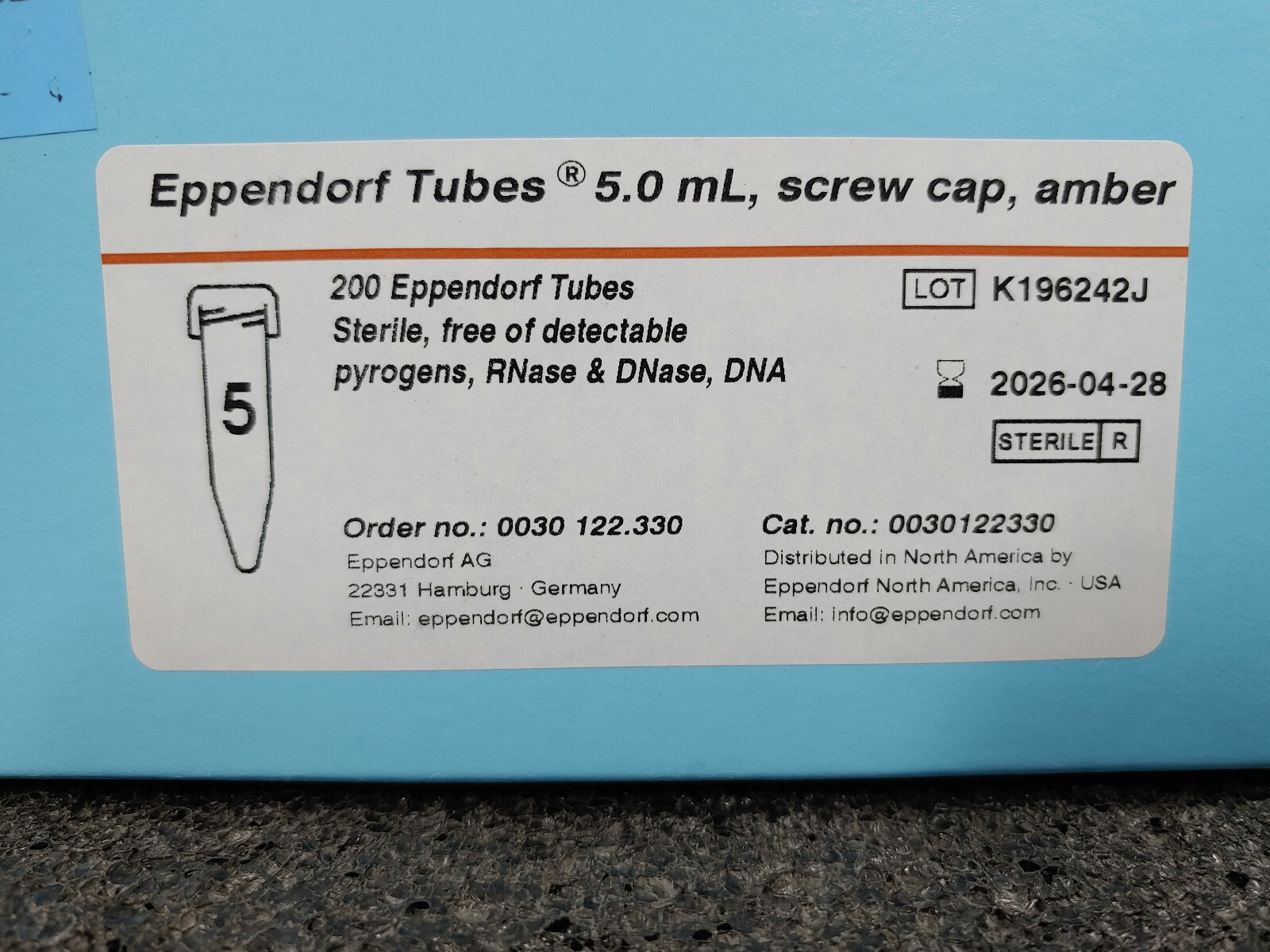 200 Box EPPENDORF Tubes 5.0mL Amber Screw Cap Sterile Pyrogens 0030122330