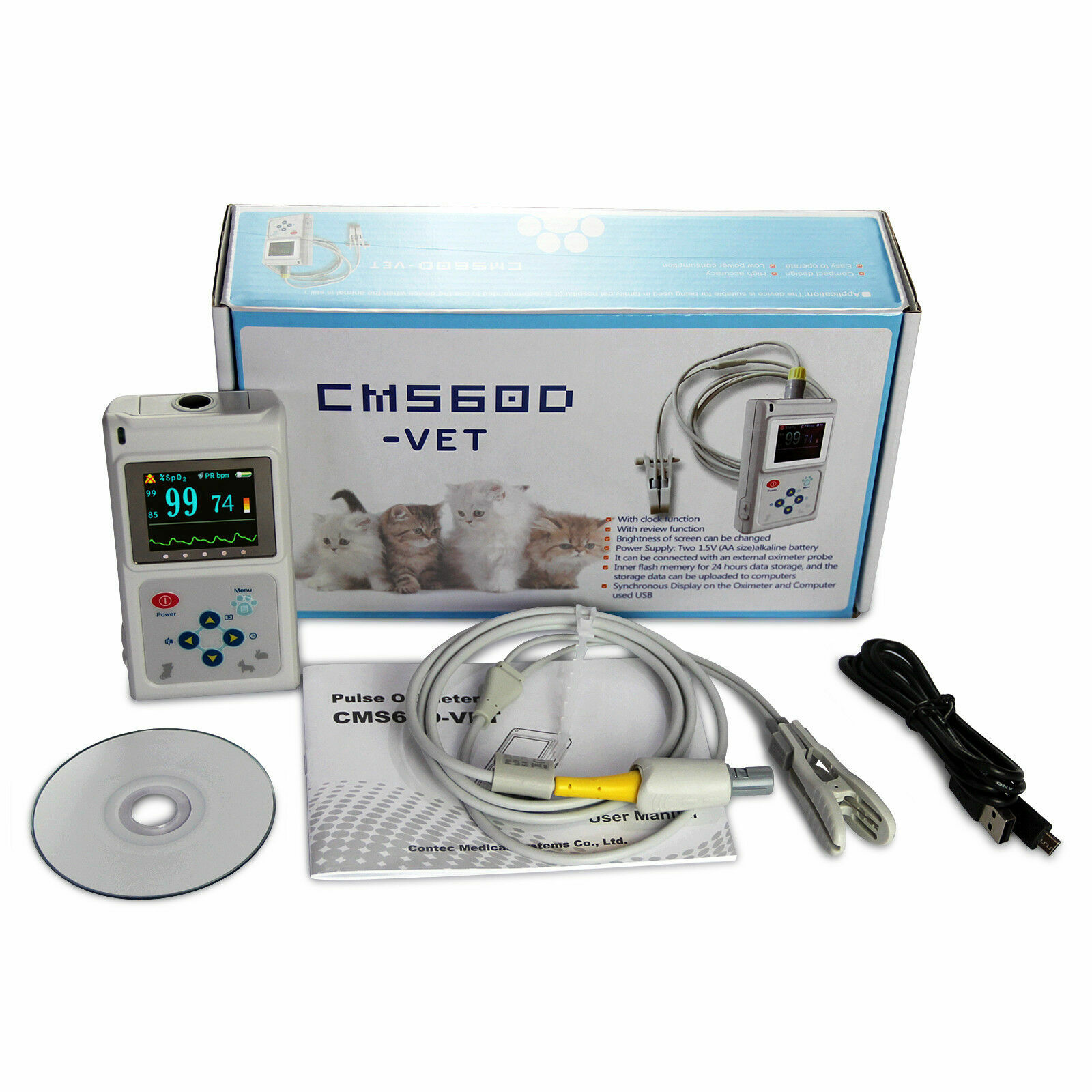 Handheld Veterinary pulse oximeter SPO2 PR monitor Vet Tongue Probe+USB Software