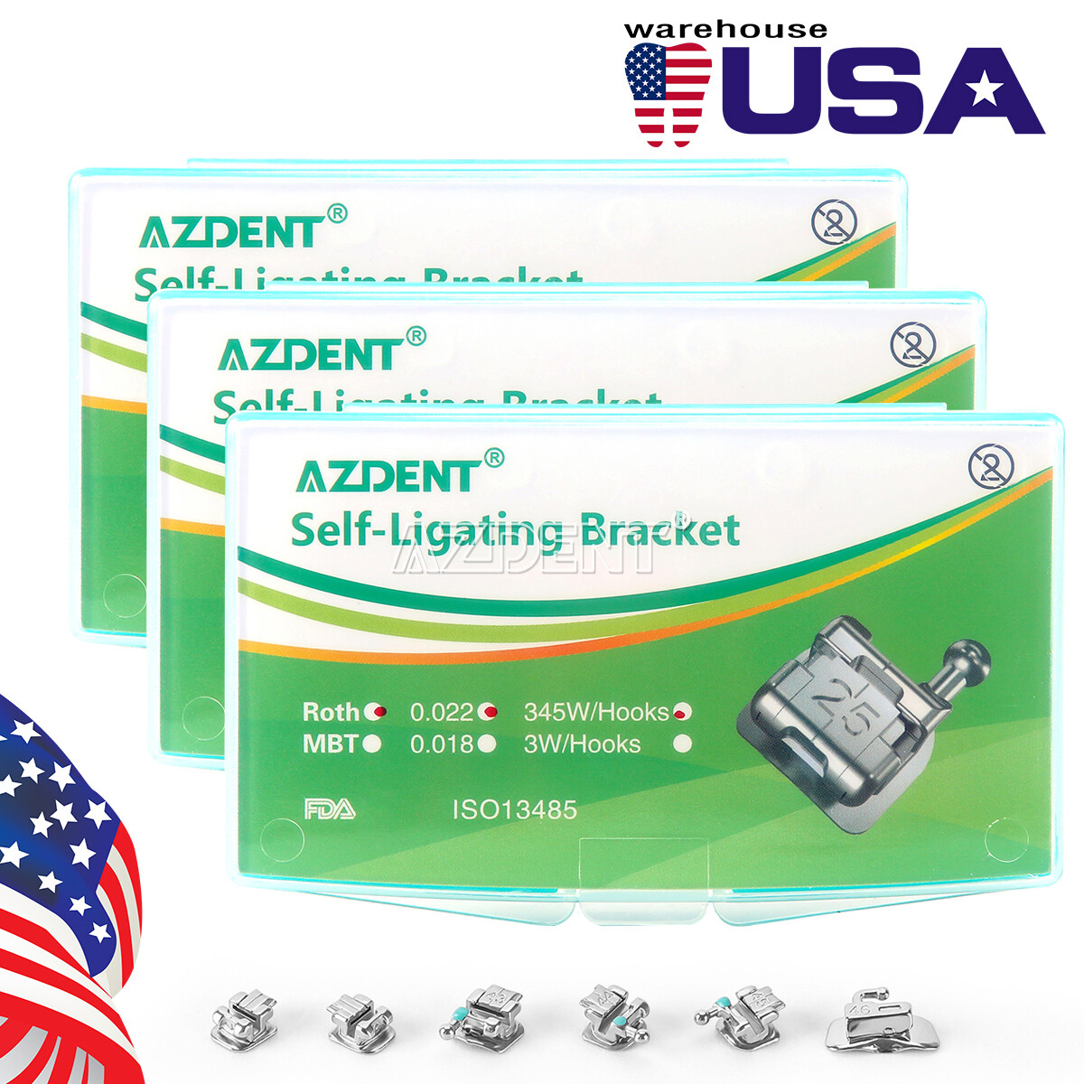 AZDENT Dental Orthodontic Self-Ligating Brackets Braces Roth 022 Hooks 3 4 5