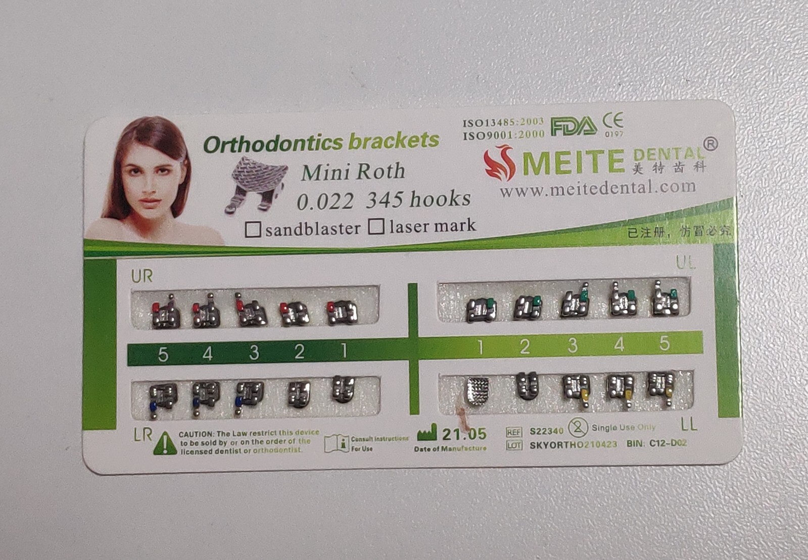 10Sets Dental Orthodontic Metal Brackets Mini Roth/MBT/Edgewise 022 345/no Hooks