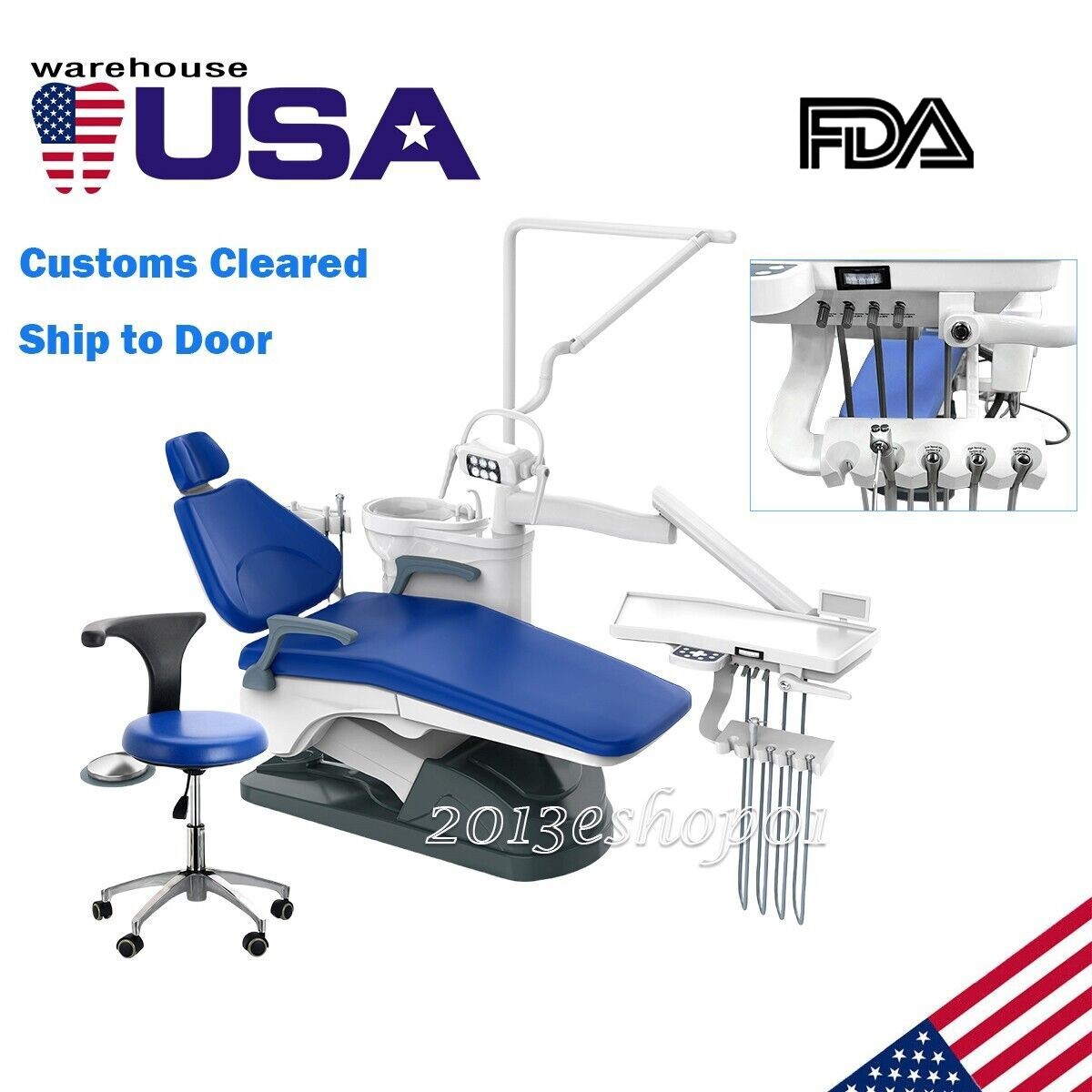 Dental Chair Unit Computer Controlled DC Motor Integral Blue PU+ Stool