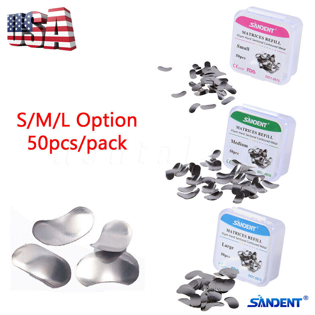 50 Pcs Dental Metal Matrices Matrix Band Sectional Contoured Refill S/M/L 35μm