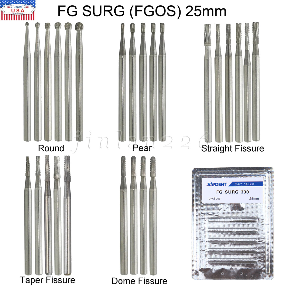 Dental Surgical Burs Round Carbide FG SURG 2 3 4 5 330 Long 25mm High Speed Bur