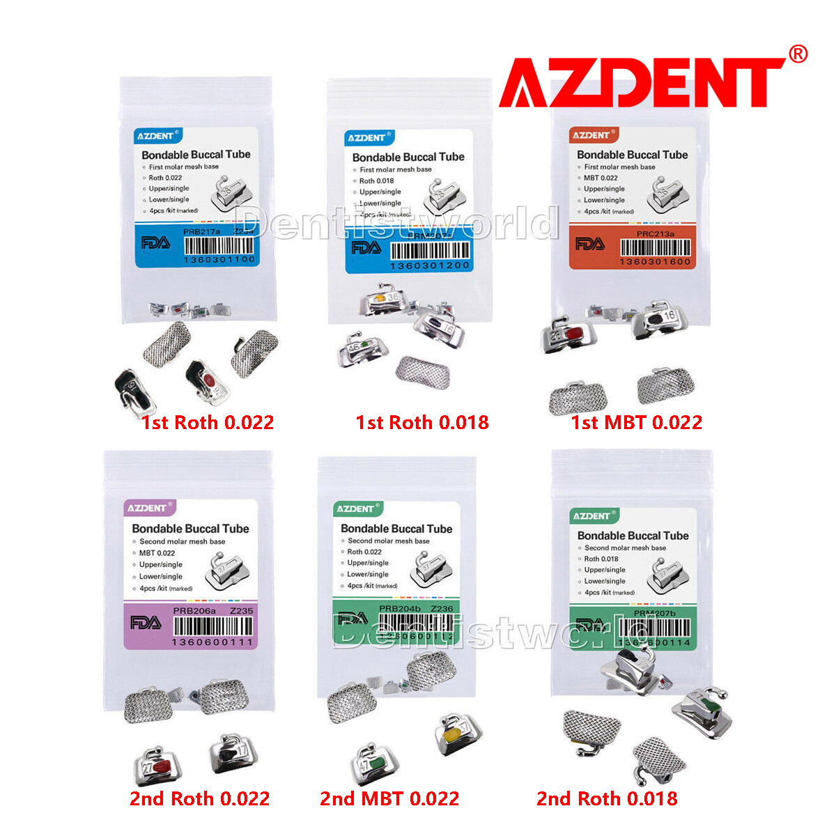 AZDENT Dental Ortho Single Bondable Buccal Tubes 1st/2nd Molar Roth/MBT 022