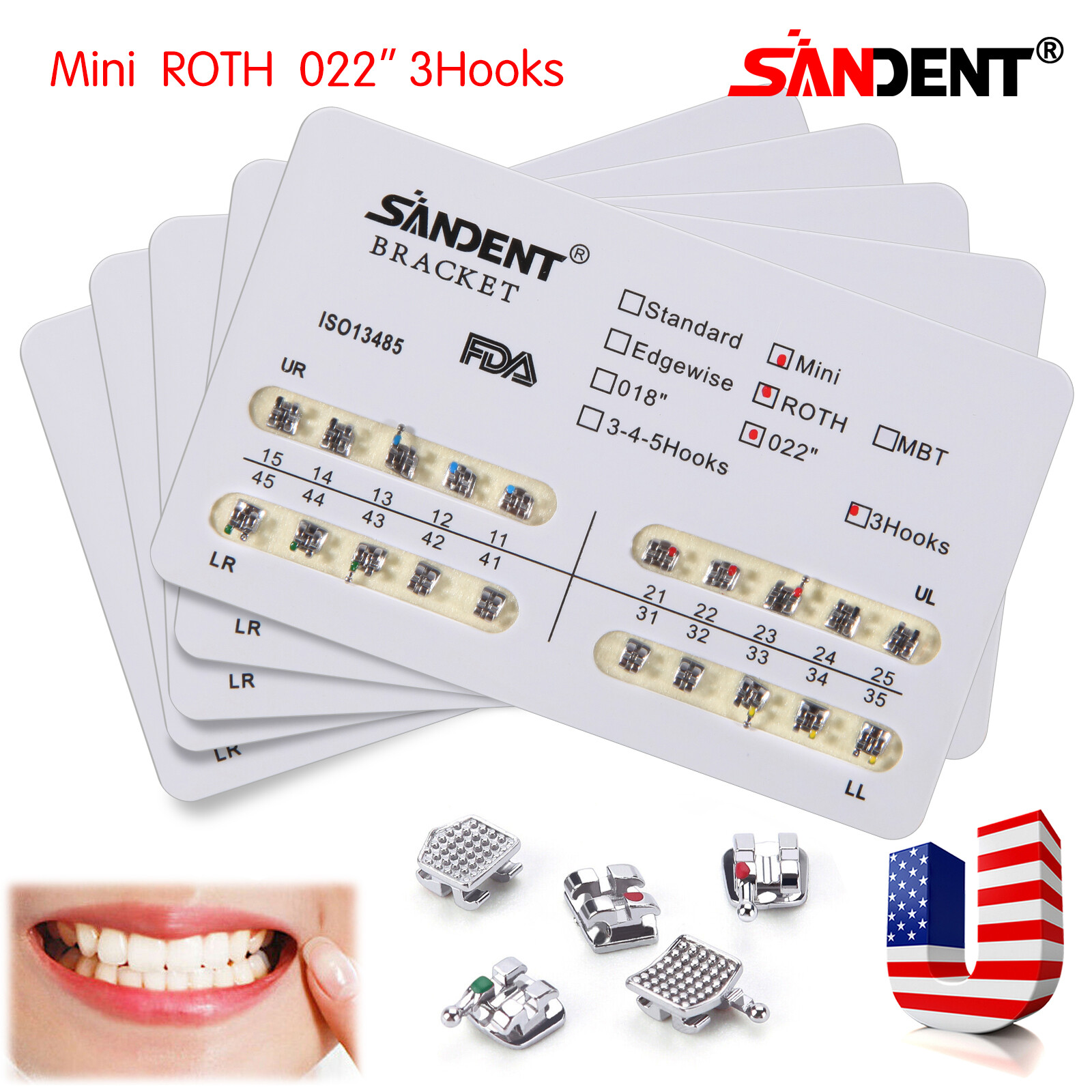 200Pcs Dental Ortho Brackets Braces Mini Roth Slot.022 3-Hooks Metal #3