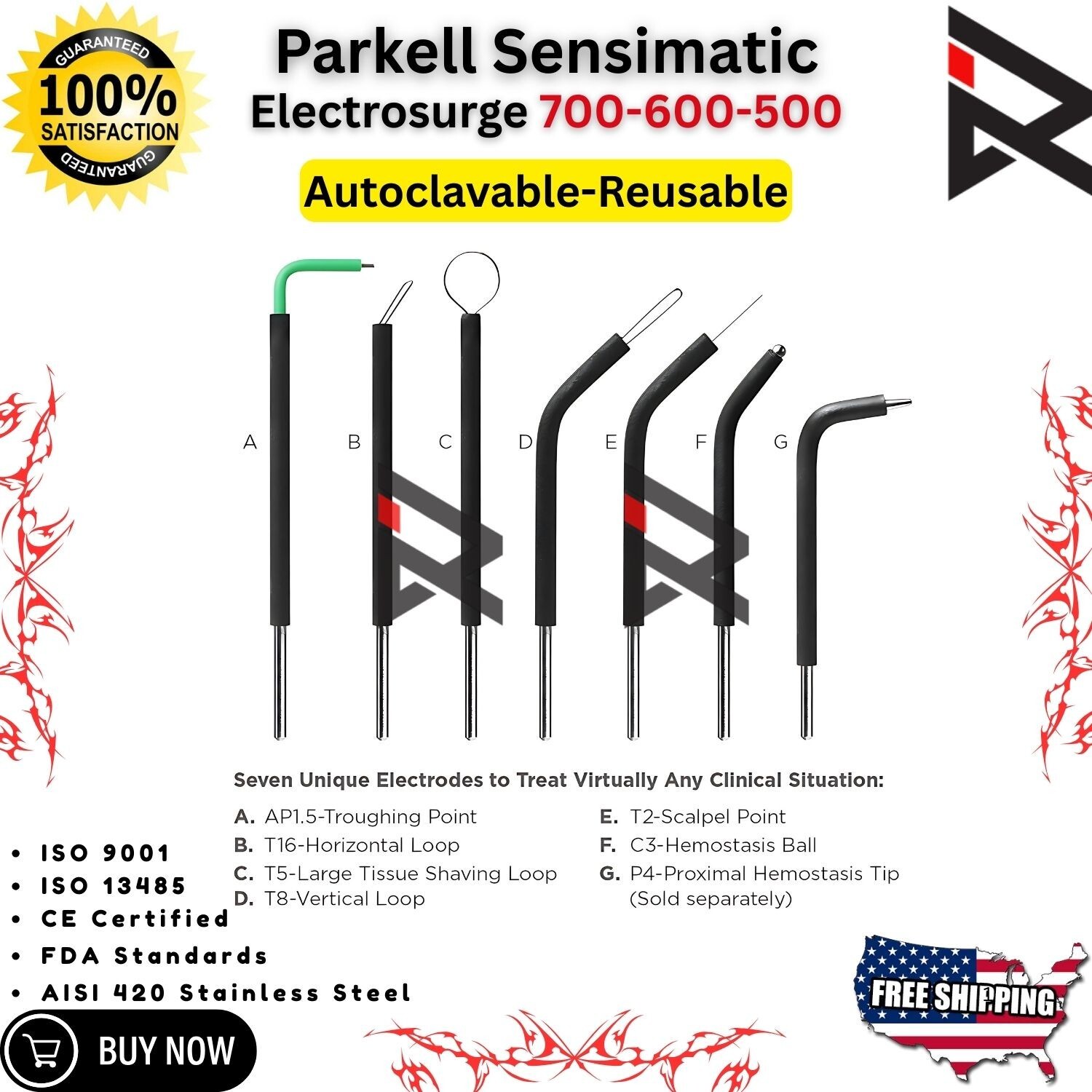 Parkell Sensimatic 500-600-700 Electrosurge Black Handpiece and 7 Pcs Tips CE