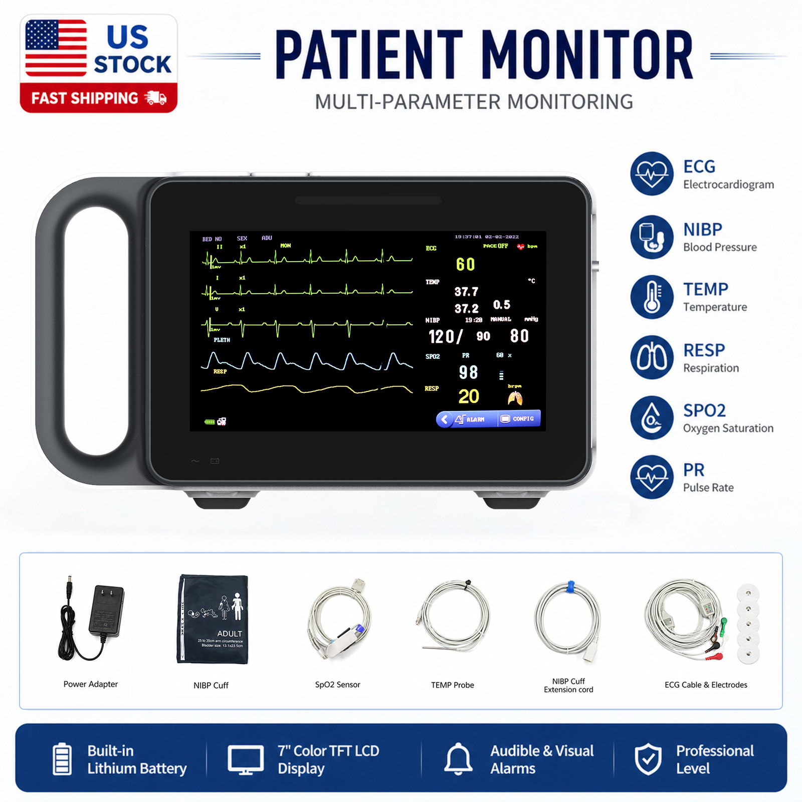 7″ Patient Monitor Vital Signs ECG NIBP SpO2 PR TEMP RESP Portable US Stock