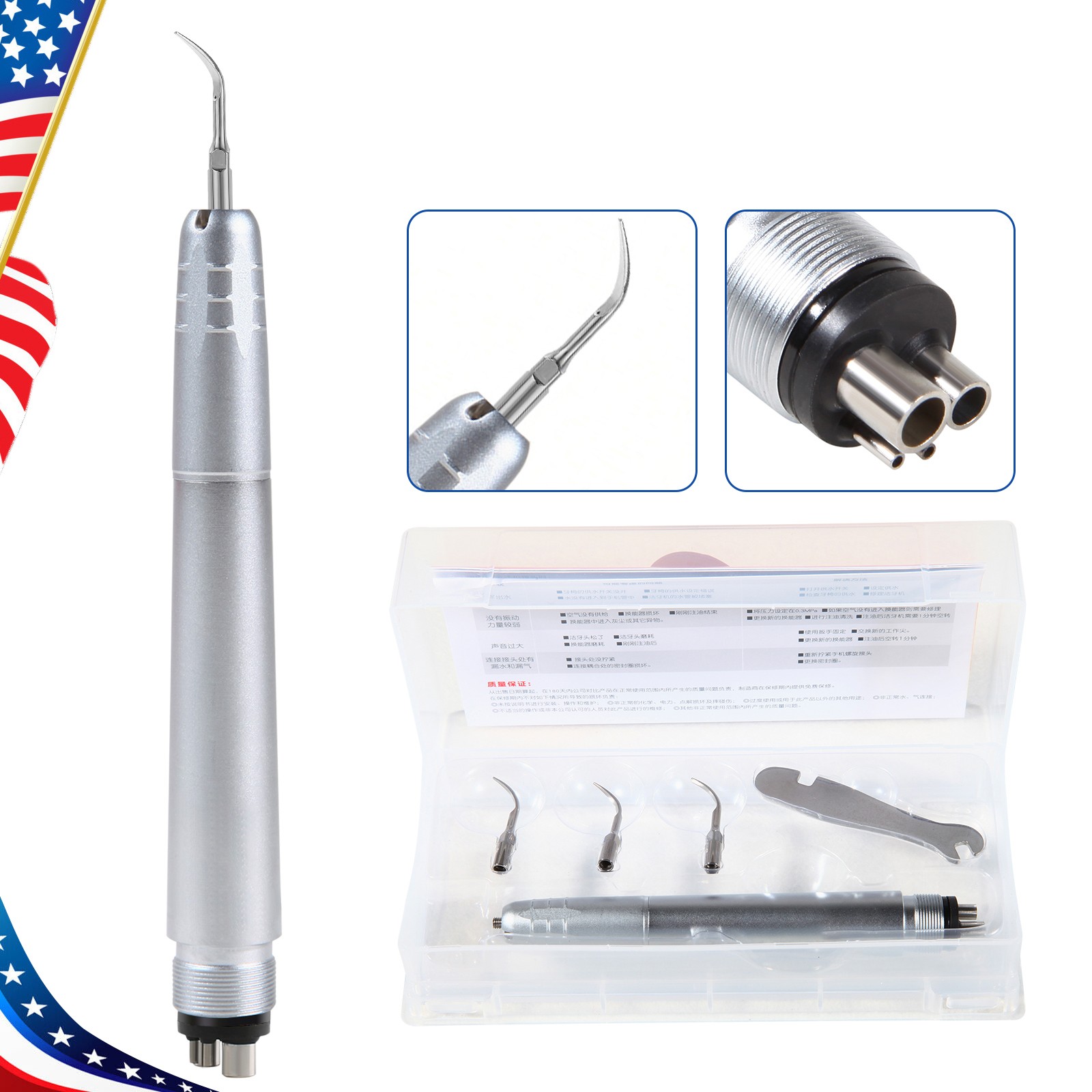 Dental Ultrasonic Air Perio Scaler Handpiece Hygienist 4 Hole w/ 3 Tips Original