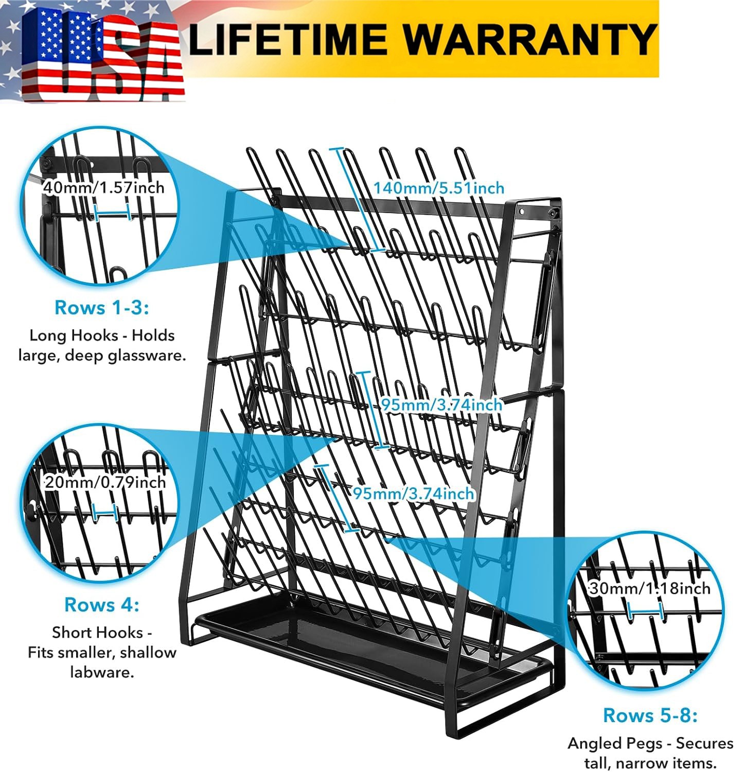 Lab Drying Rack Draining Rack for Glassware and Bottles Clean Dry Black Steel US