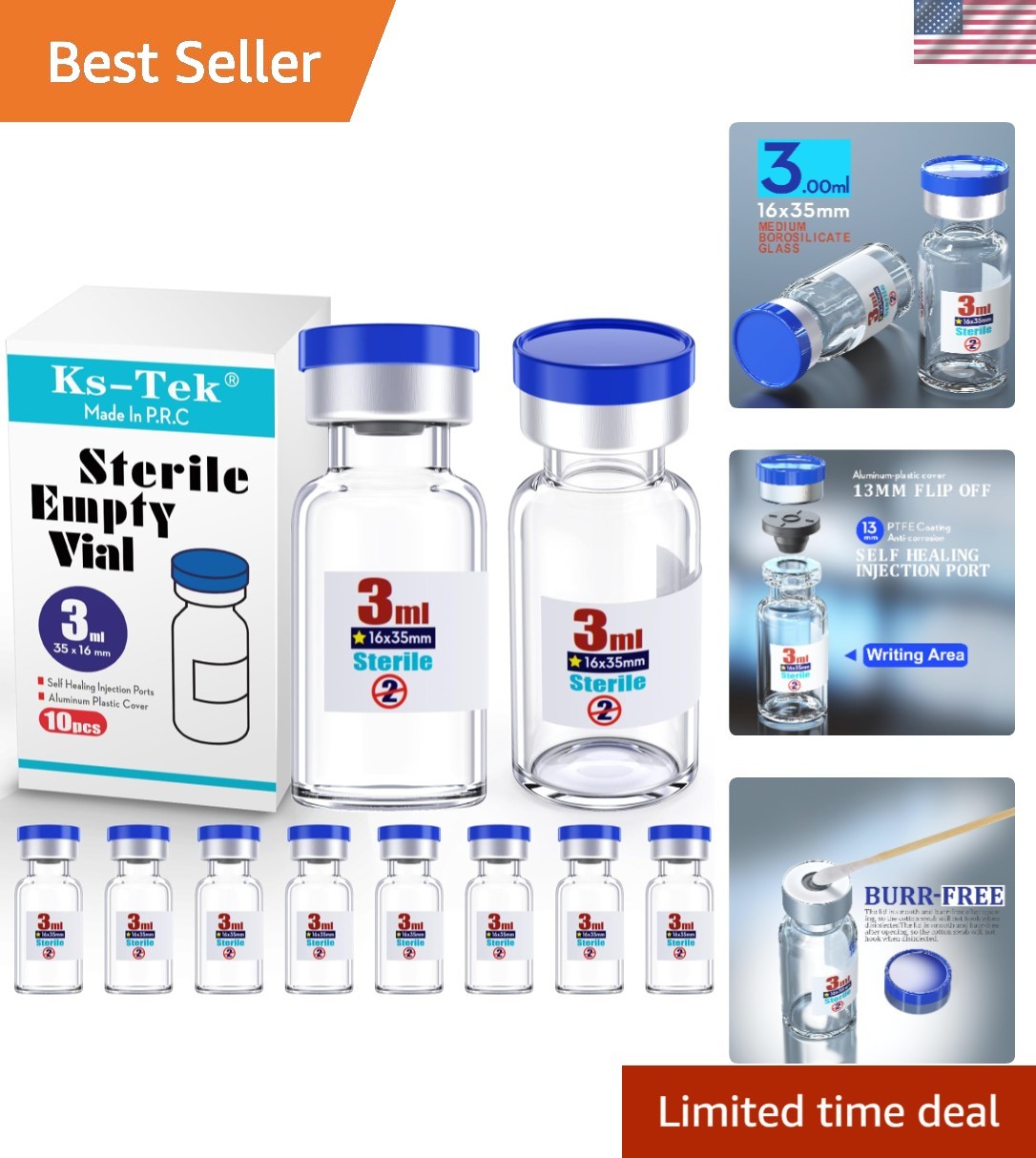 Sterile Glass Vials 3ml with Injection Port Flip Cap 10pcs Medical Vial
