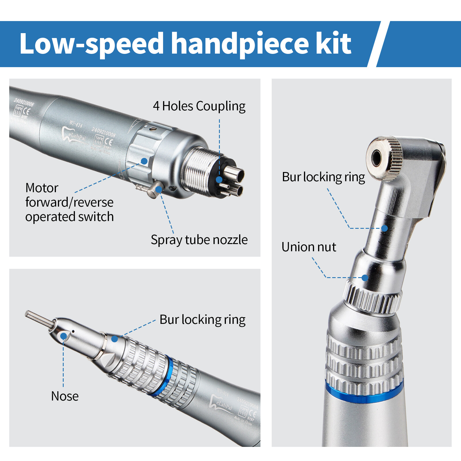 US Dental Low Speed Handpiece Straight Contra Angle Push Button E-Type Air Motor