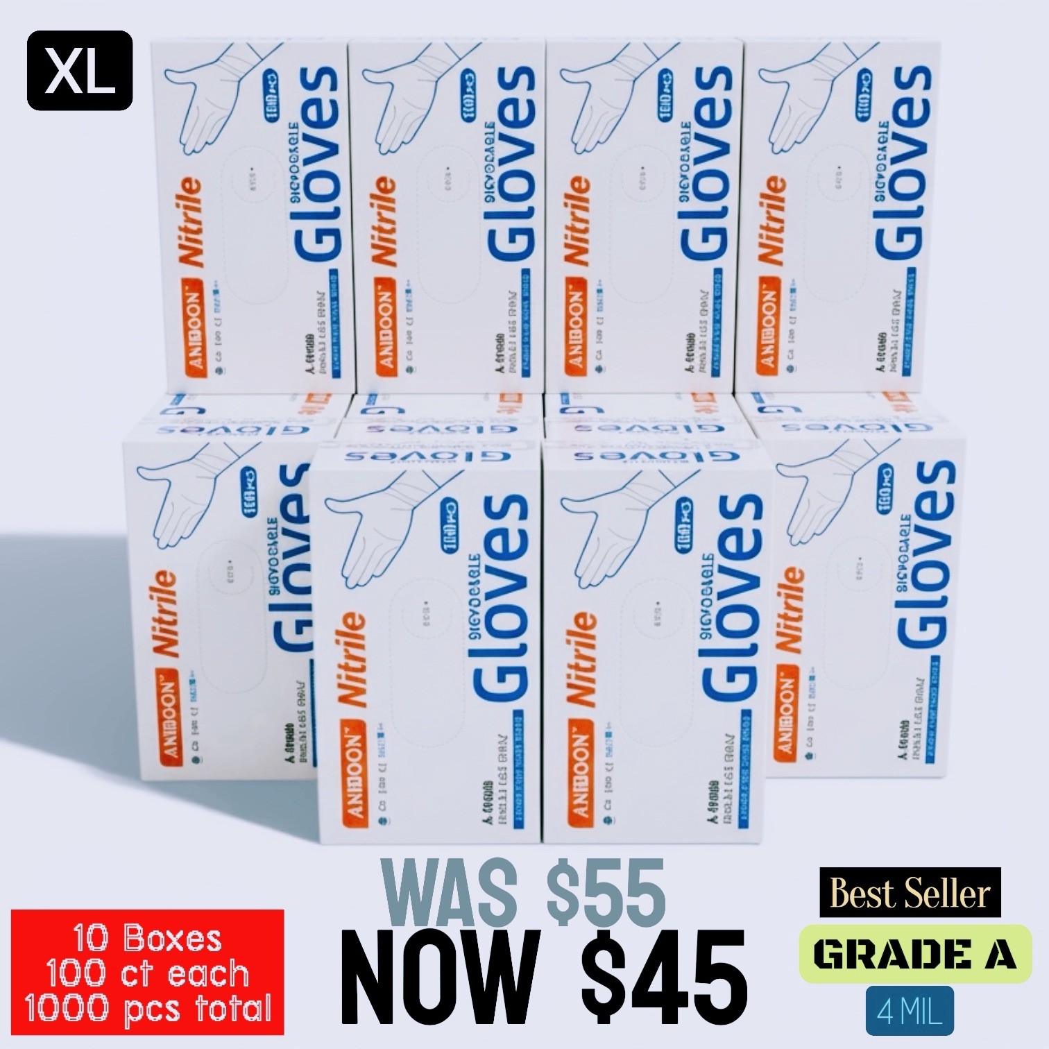 1000pcs (1 Case, 10 Boxes of 100ct) 4 Mil Grade A ISO Nitrile Gloves XL Size