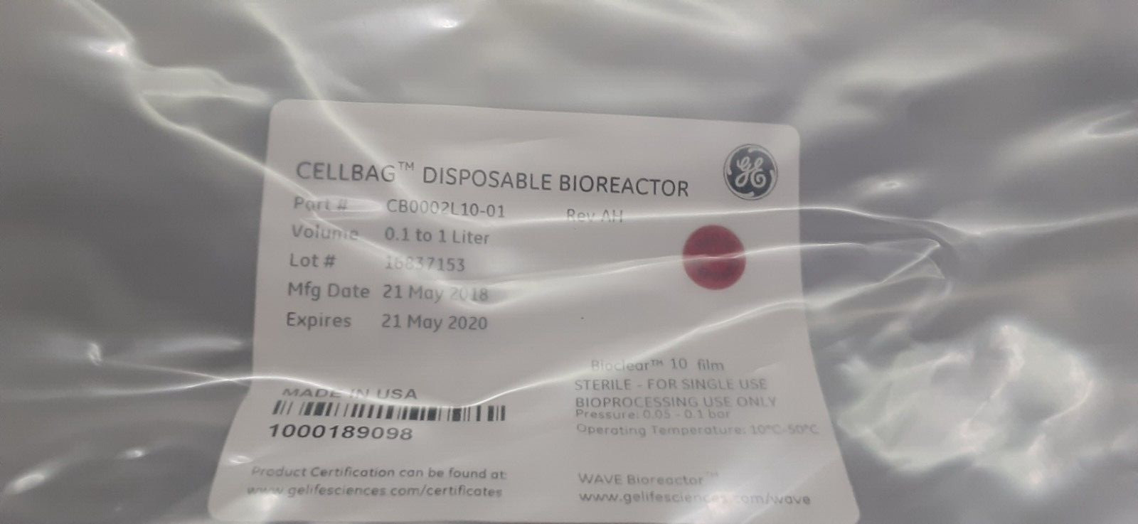 GE 0.1-1 Liter CellBag Disposable Bioreactor (1) CB0002L10-01 REV AH