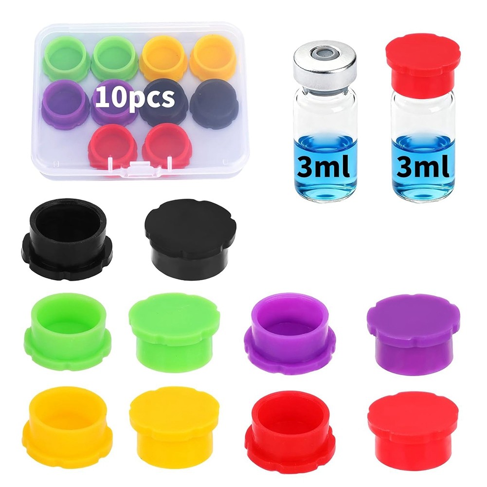 10pcs 3ml Glass Vial Caps, Multi-Color Rubber Leakproof & Reusable Lids3655