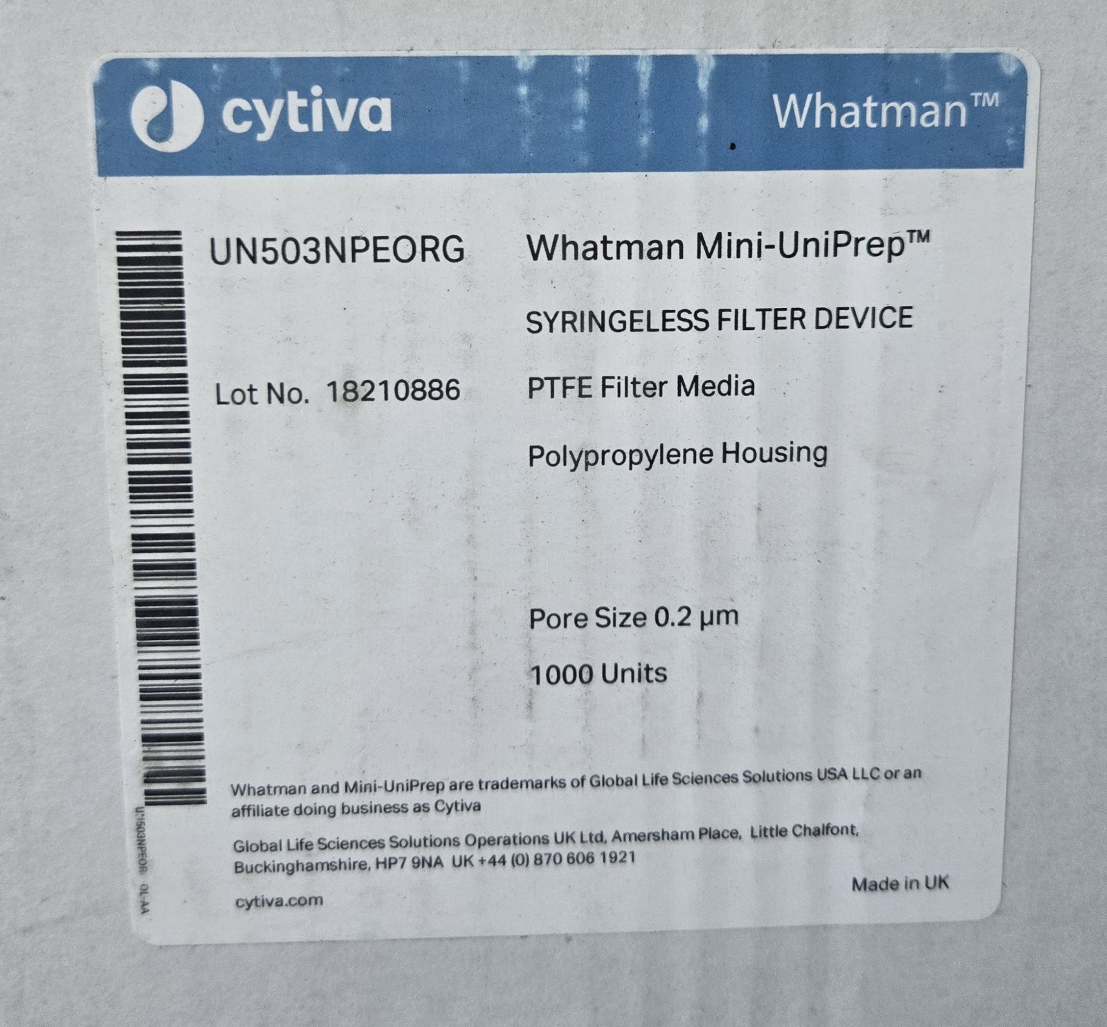Cytiva Whatman Mini-UniPrep Syringeless Filters 0.2µm UN503NPEORG 1000 Units