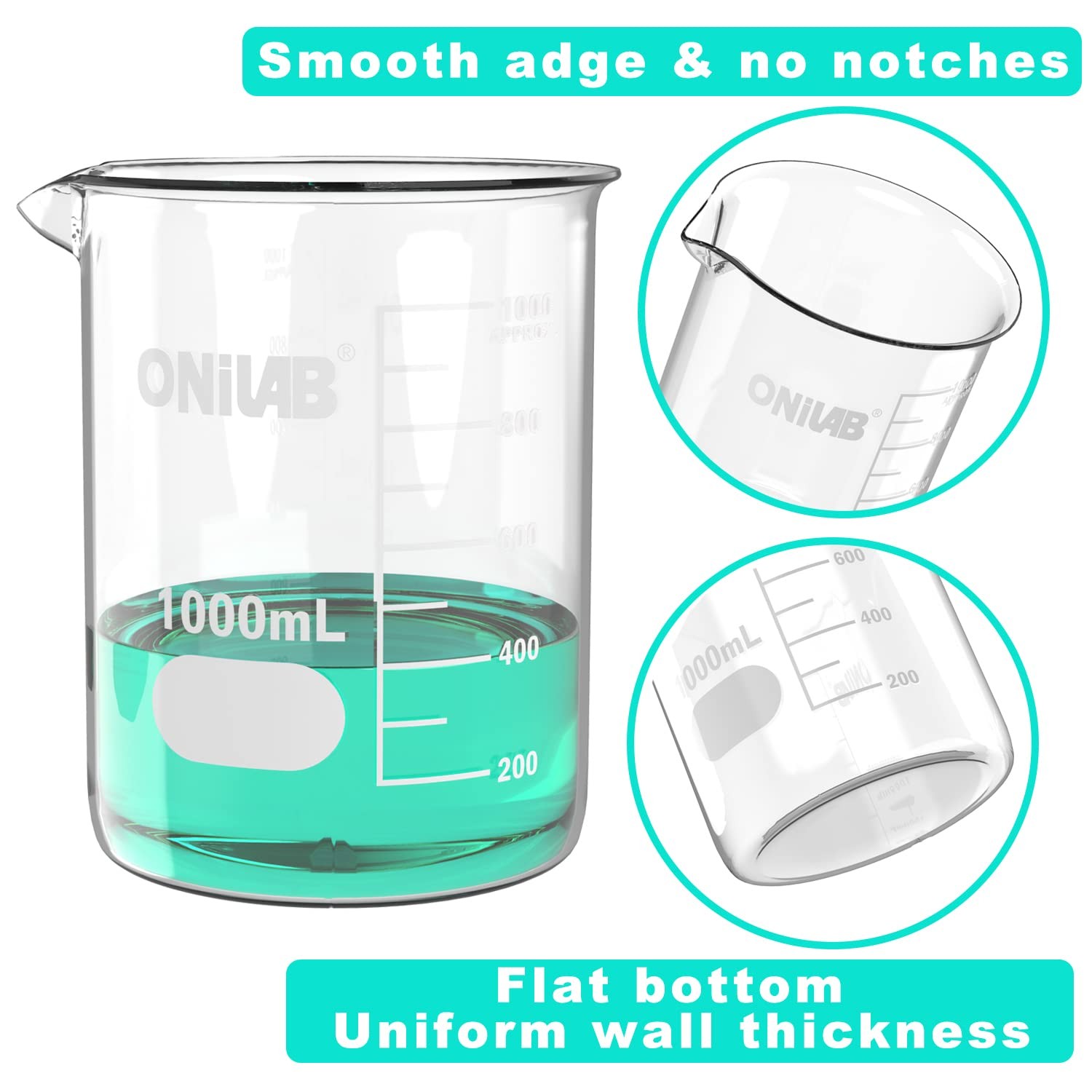 ONiLAB Glass Measuring Beaker Set 50ml 100ml 250ml 500ml 1000ml(Pack of 5) 3.3 B