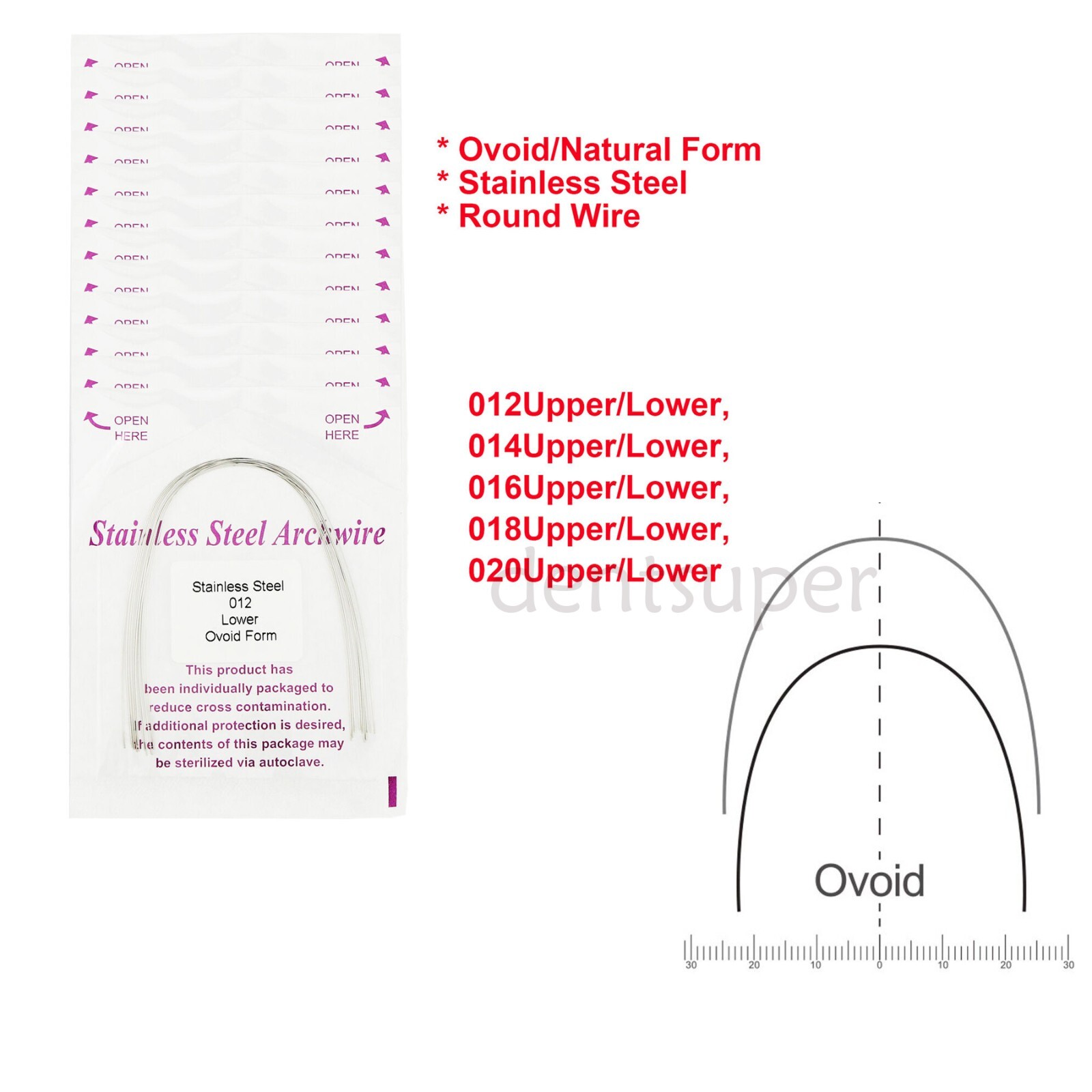 100Pcs Dental Ovoid/Natural Ortho Round Stainless Steel Arch Wire Form 012-20U/L
