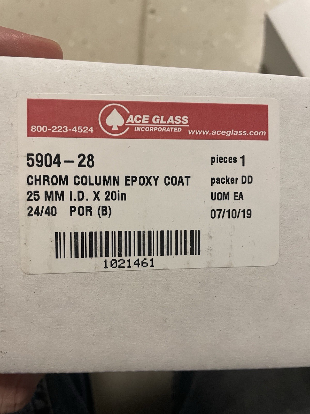 New Ace Glass Chromatography Column 25mm ID x 20″ EL 24/40 Epoxy Coat