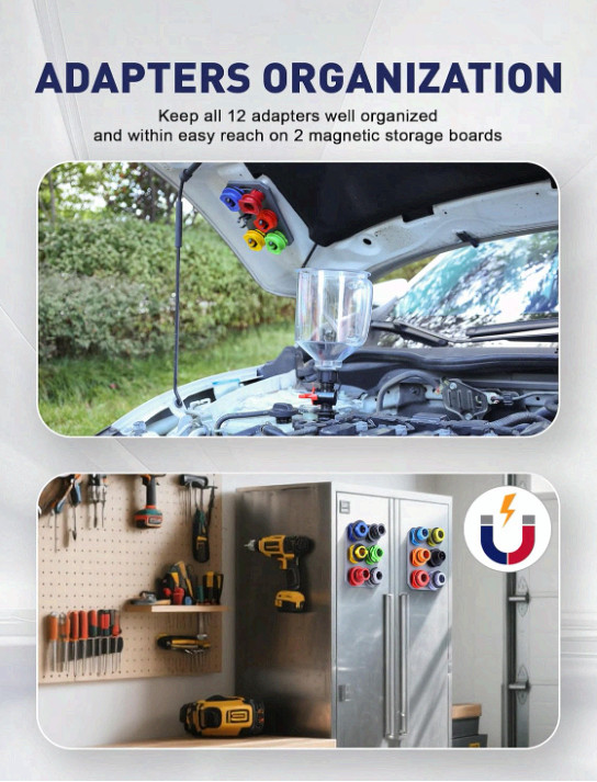 Spill Proof Oil Funnel Kit w 12 Adapters Magnetic Boards Valve Universal Fit