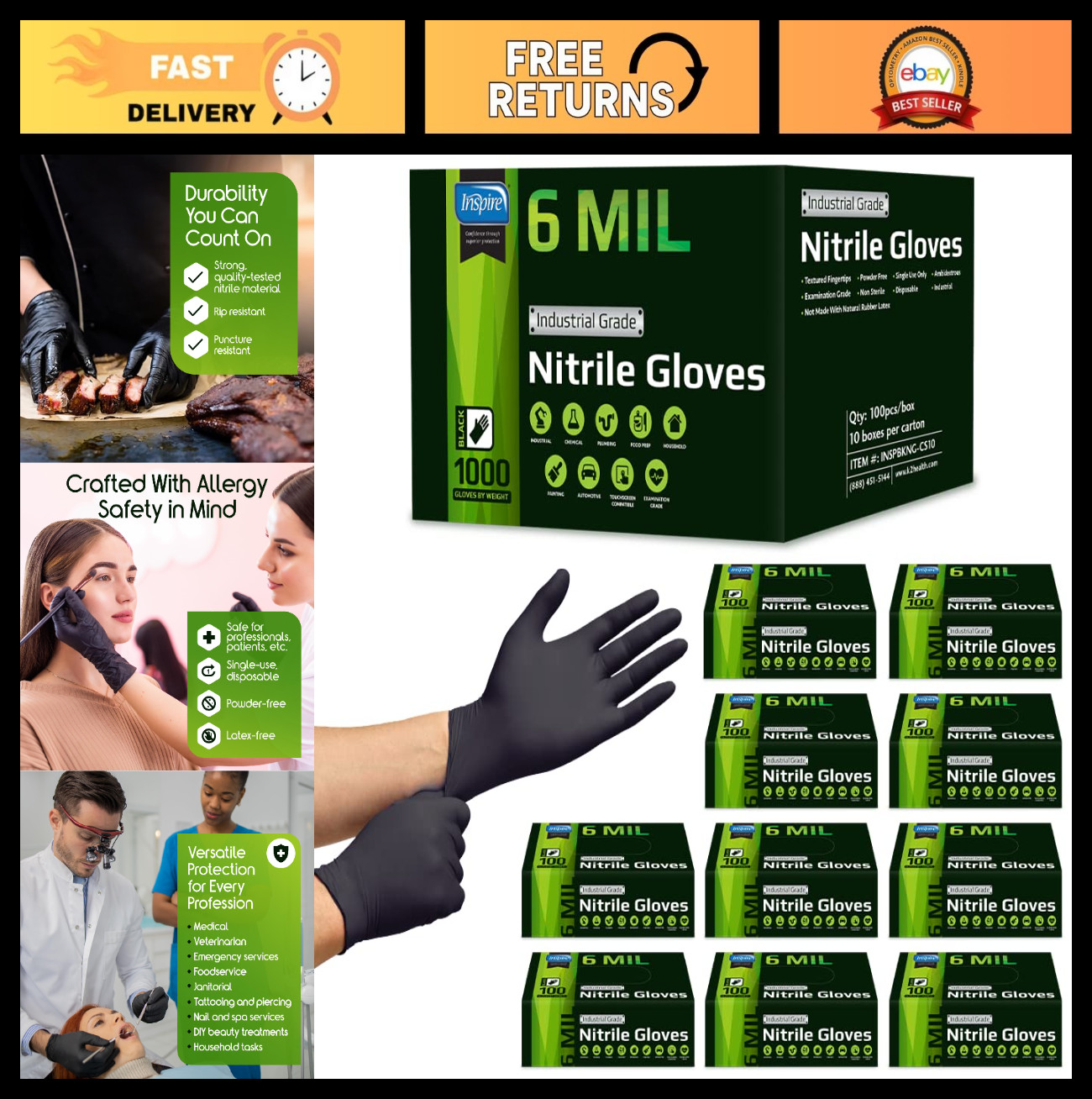 Heavy Duty Disposable Nitrile Gloves | Latex Free, 6mil Black & 8mil Orange | Fo