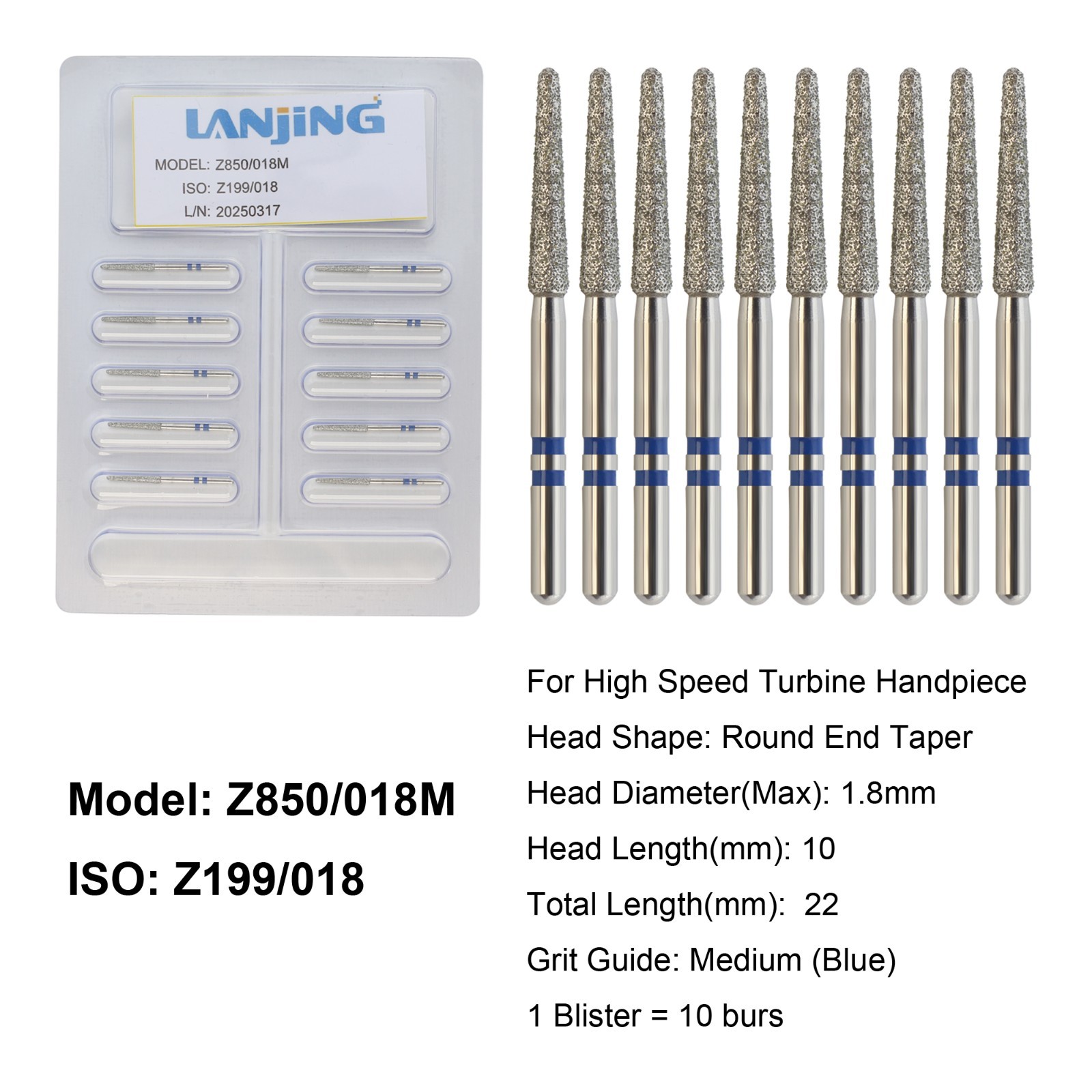 Dental FG Zirconia Diamond Burs Round End Taper Medium Grit High Speed Z850/018M