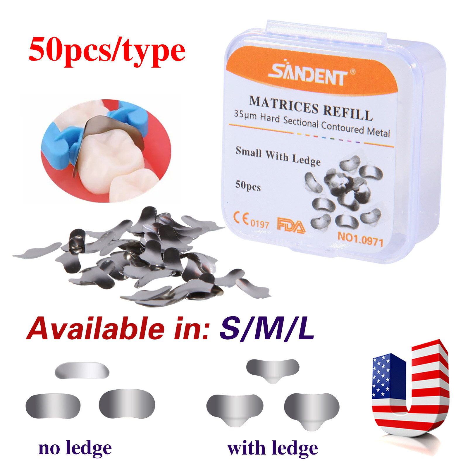 50 Pcs Dental Metal Matrices Matrix Band Sectional Contoured Refill S/M/L 35μm