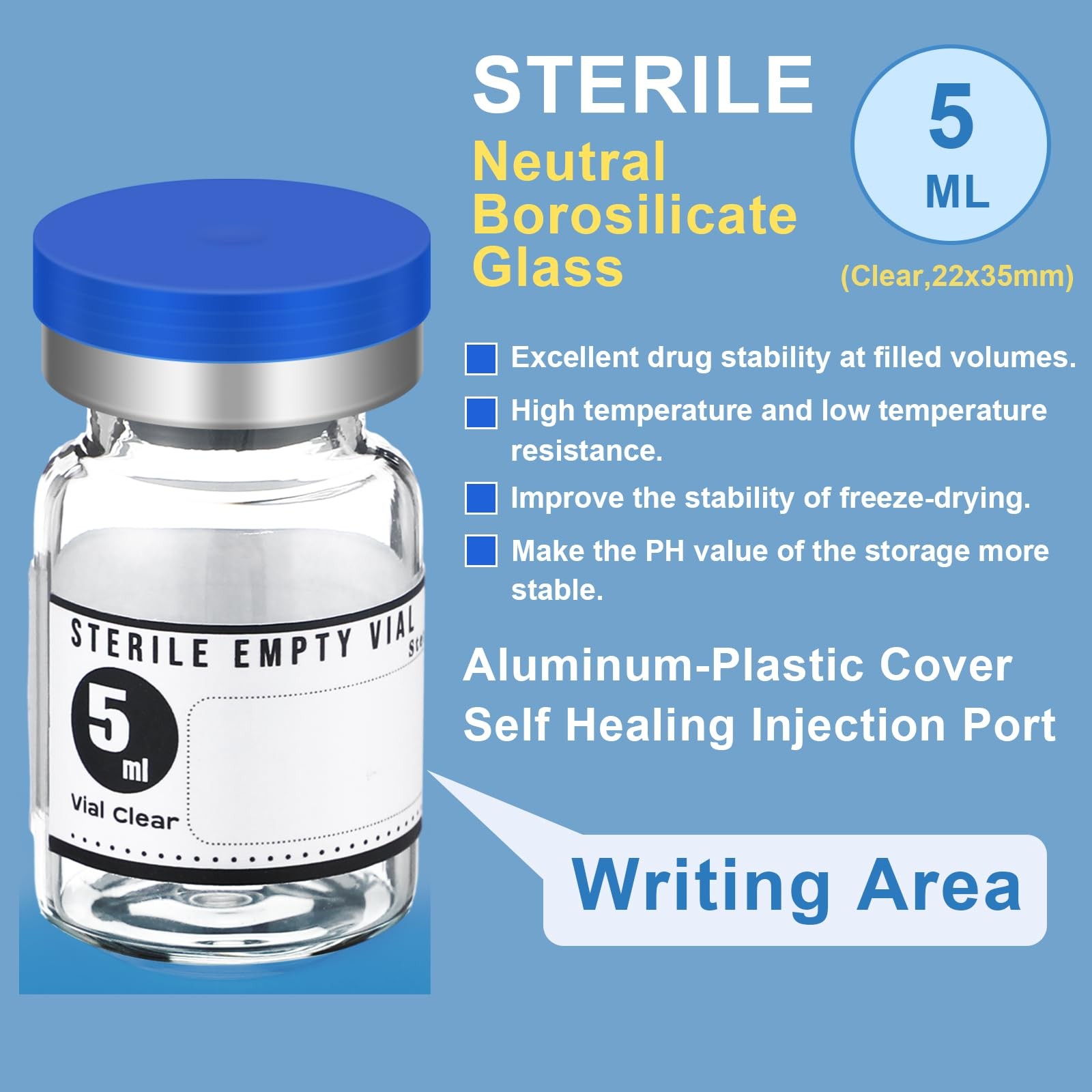 Threlaco 20 Pcs 5ml Sealed Sterile Empty Vials with Self Healing Injection Port