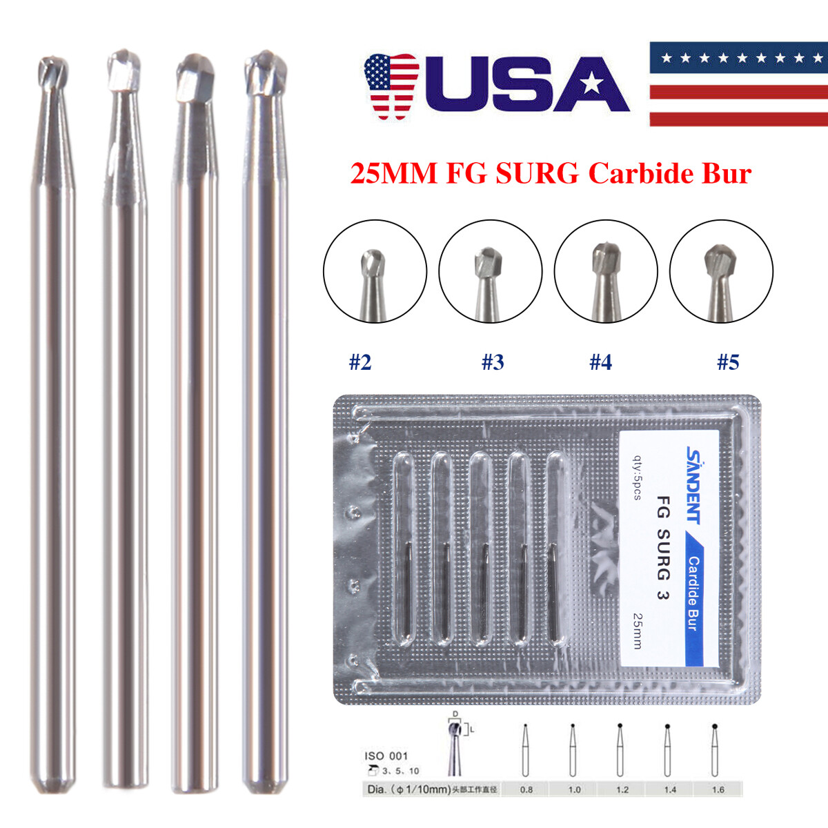 5pcs/pack Dental Surgical Round Burs FG 2 3 4 5 Carbide Length Bits Long Shank