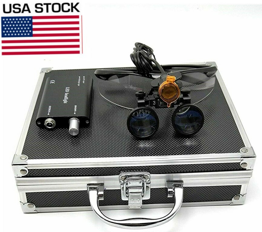 US 3.5X Dental Binocular Loupes + 3W LED Head Light w/ Filter Aluminum Box Black