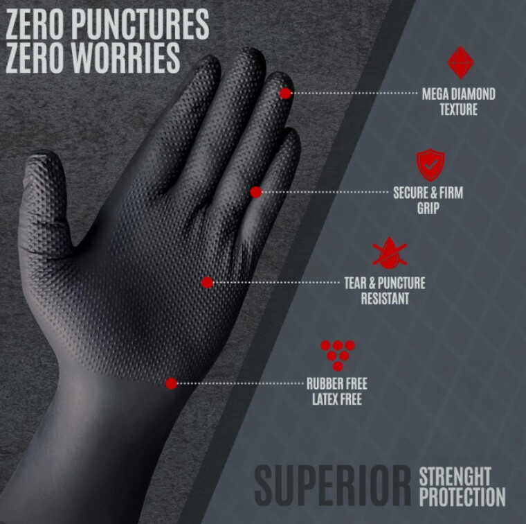 Heavy Duty 8 Mil Black Nitrile Disposable Gloves Raised Diamond Texture