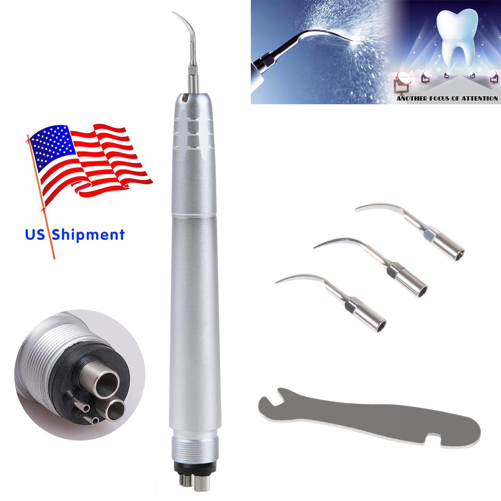 Dental Ultrasonic Air Perio Scaler Handpiece Hygienist 4 Hole w/ 3 Tips Original