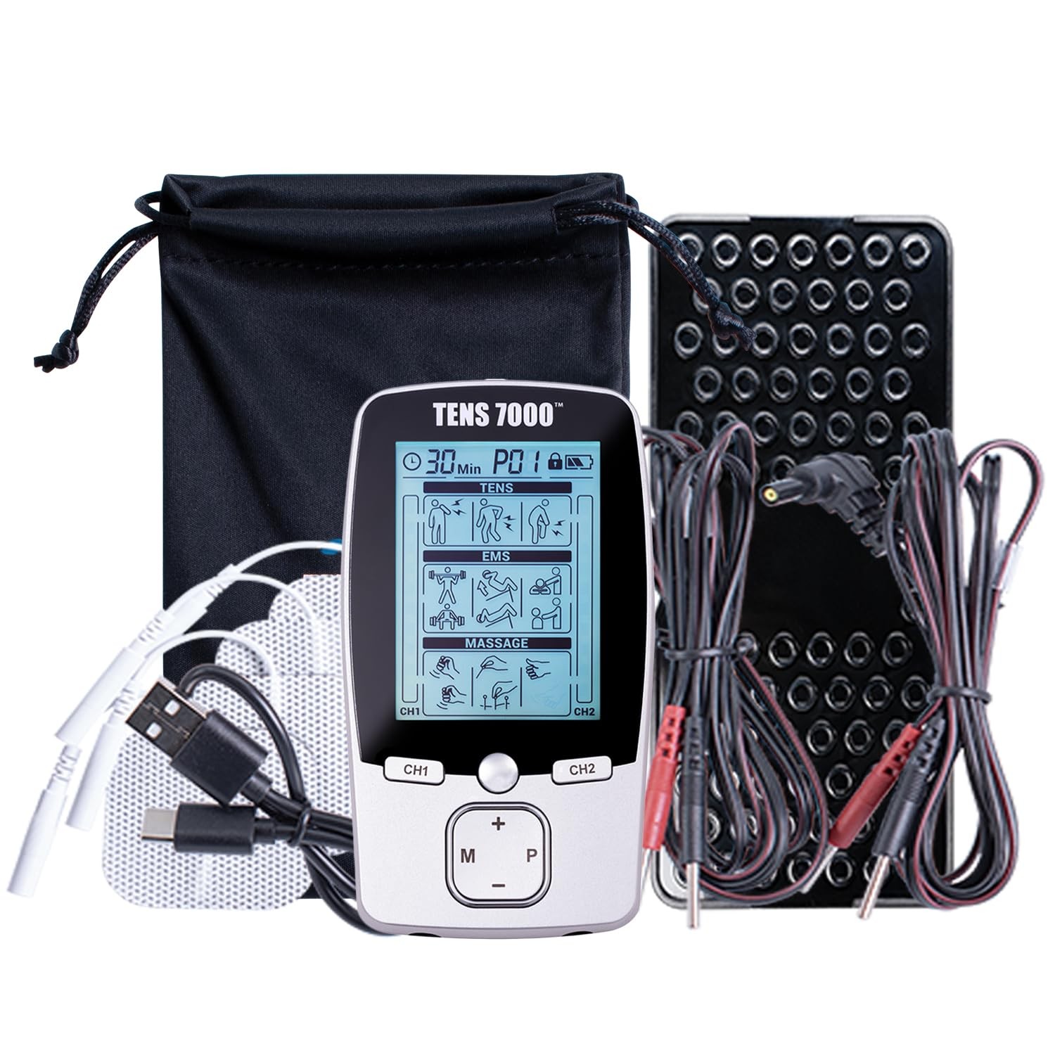 TENS 7000 3-in-1 Combo Unit Muscle Stimulator, Back Pain Relief, Silver