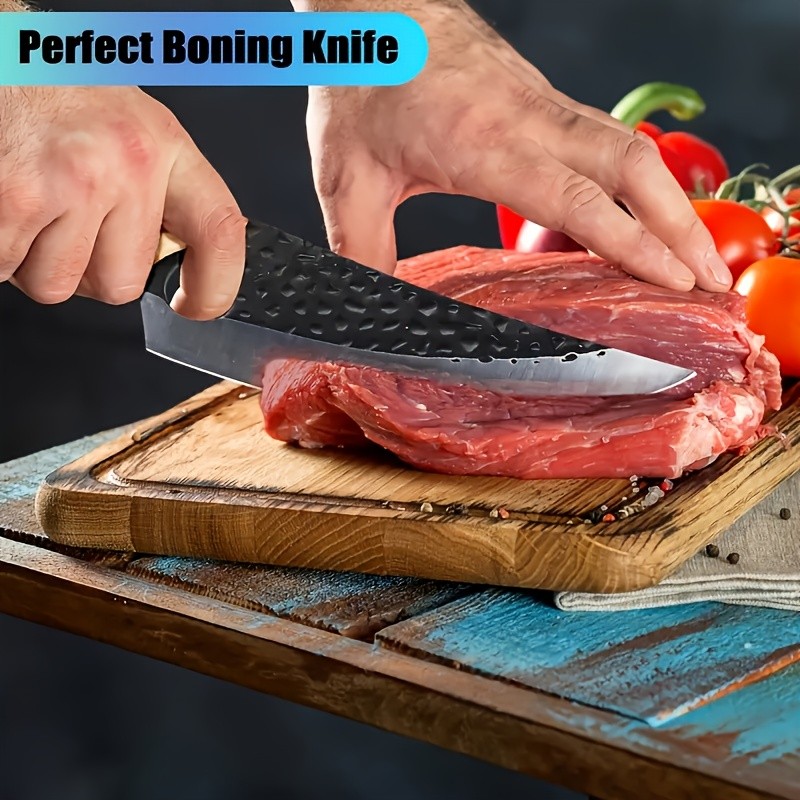 Hand Forged Chef Knife Hammered Blade Full Tang w/ Leather Sheath