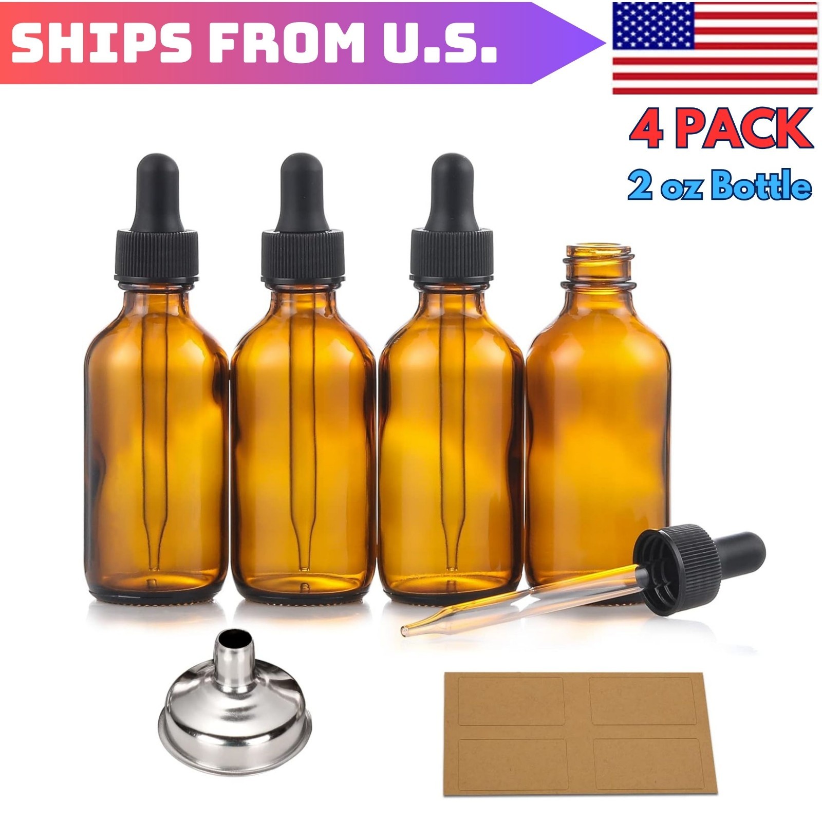 4 Pack 2 Oz Amber Glass Eye Dropper Bottles with Funnel for Essential Oils