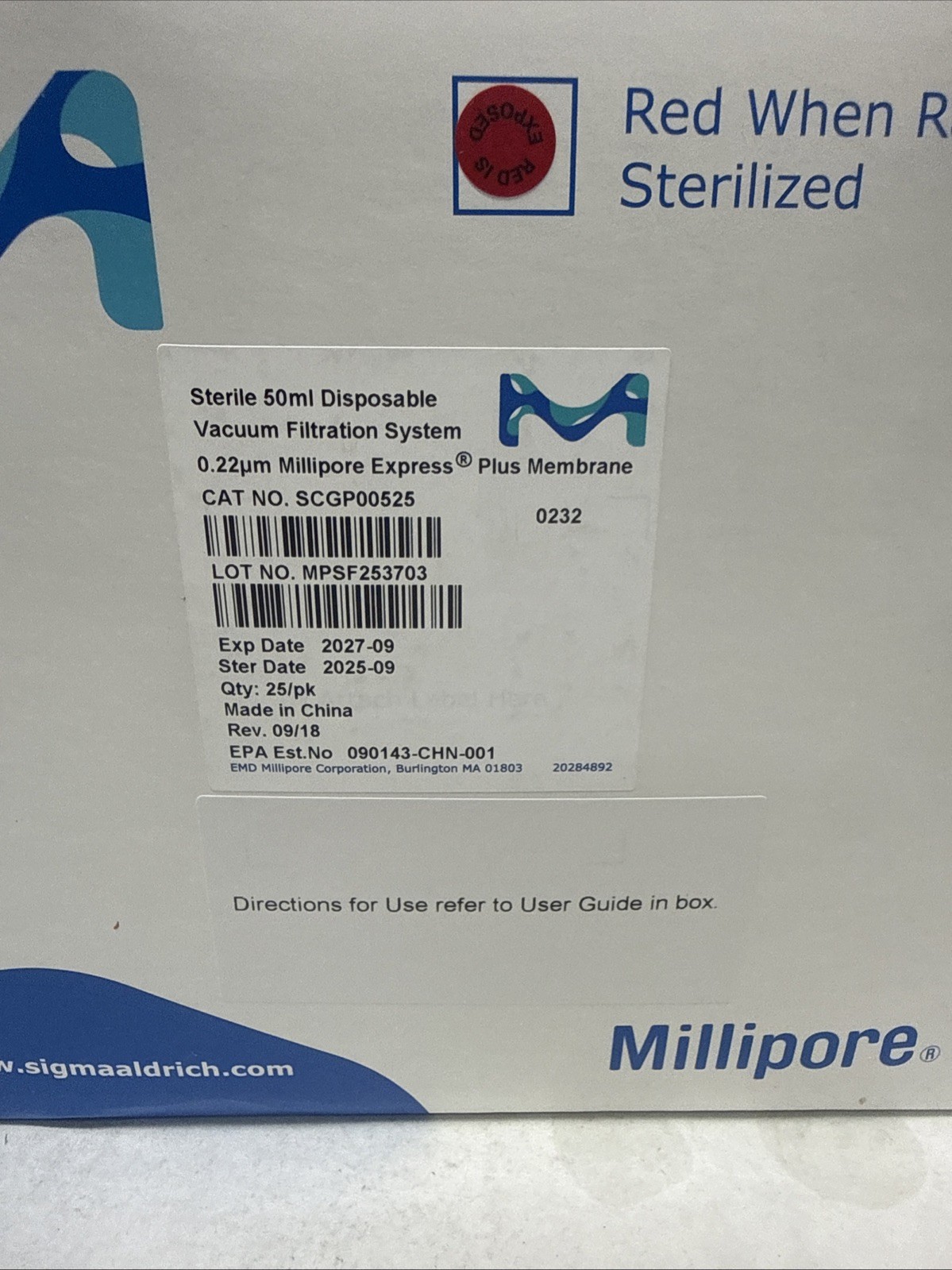 Millipore SCGP00525 Sterile 50ml Disposable Vacuum Filtration System