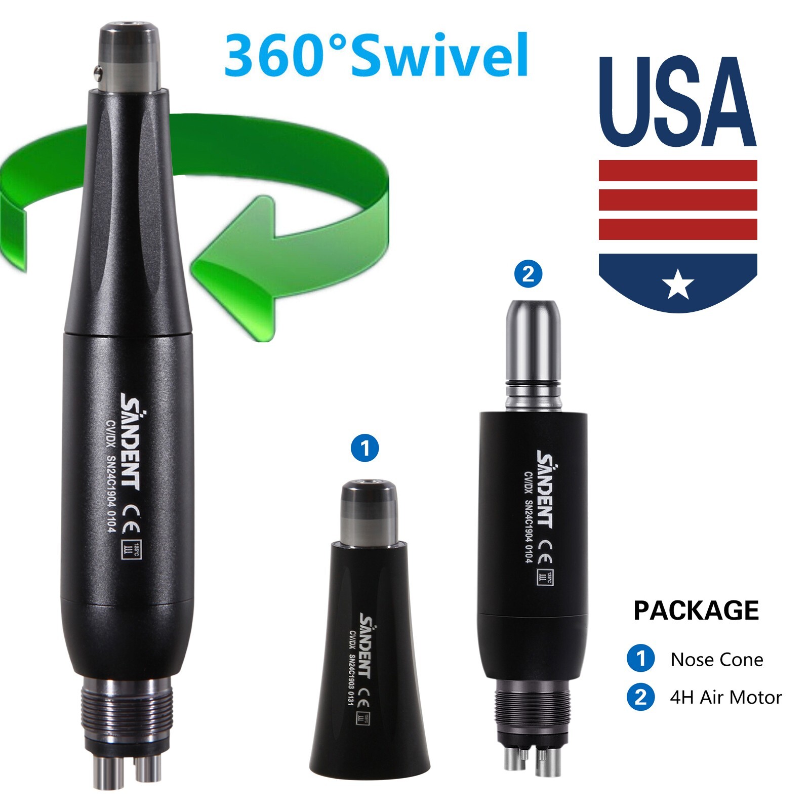 360° Swivel Dental Hygiene Prophy Handpiece Air Motor 4Holes 4:1 Nose Cone 135°C