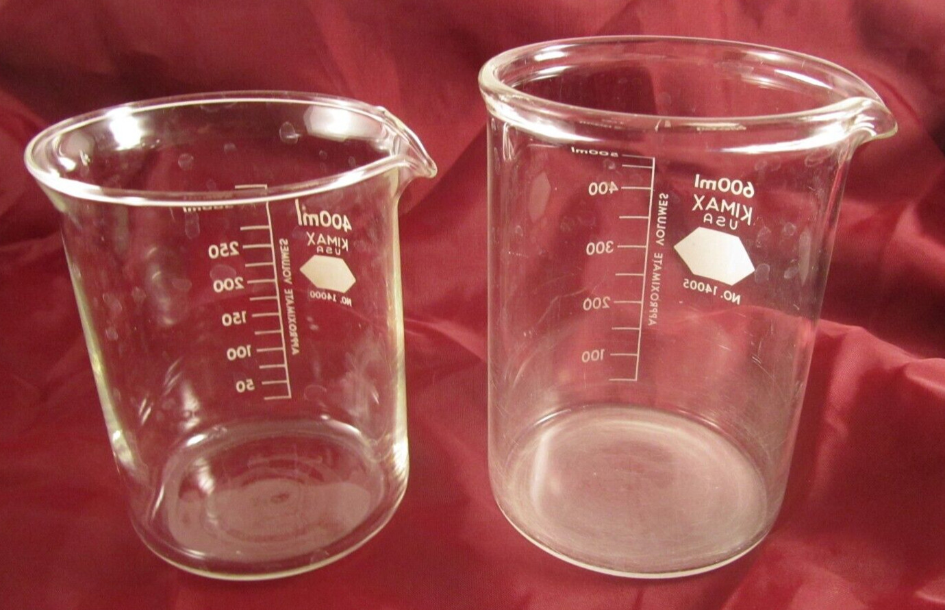 Lot of 2 Kimax 14000 400mL & 14005 600mL Glass Beakers