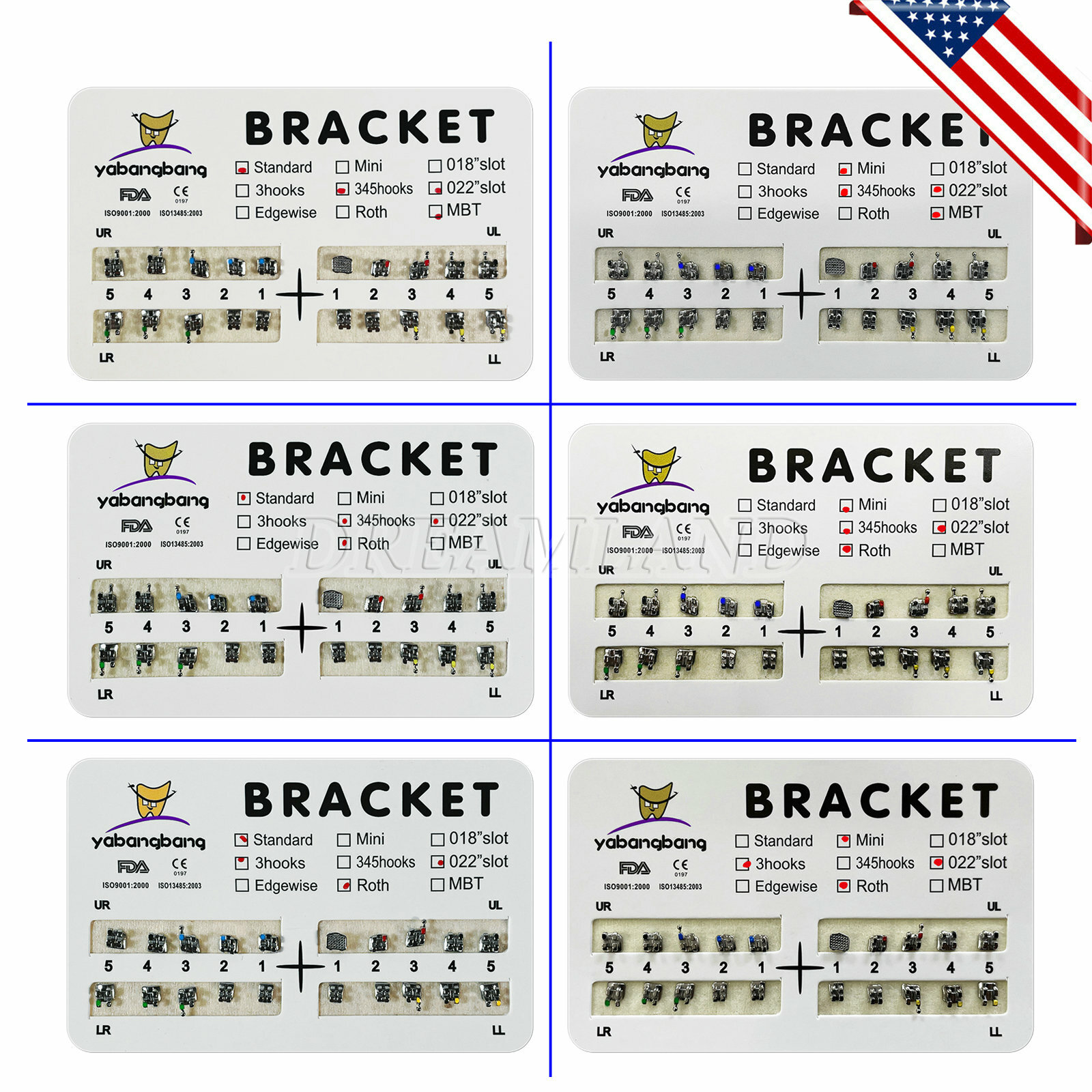 Yabangbang Dental Ortho Brackets Braces Mini/Standard MBT/Roth 022/018 Hooks 345