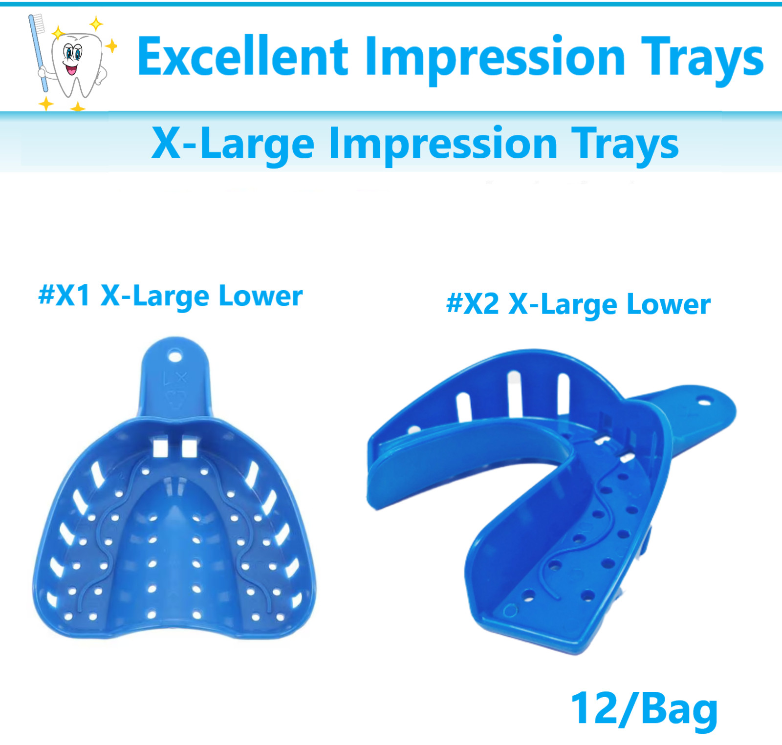 Dental X-Large VPS Impression Trays Perforated #1 XL Upper #2 XL Lower, 12/Bg