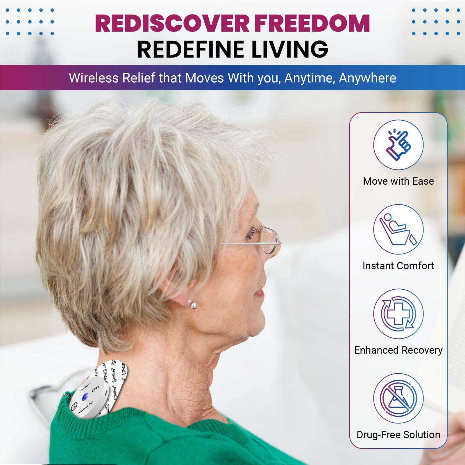 iReliev Wireless TENS Unit + EMS for Pain Relief & Arthritis & Muscle Strength