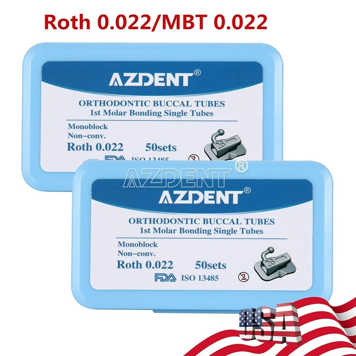 200Pcs AZDENT Dental Orthodontic Buccal Tubes 1st Molar MBT/Roth 0.022 Monoblock