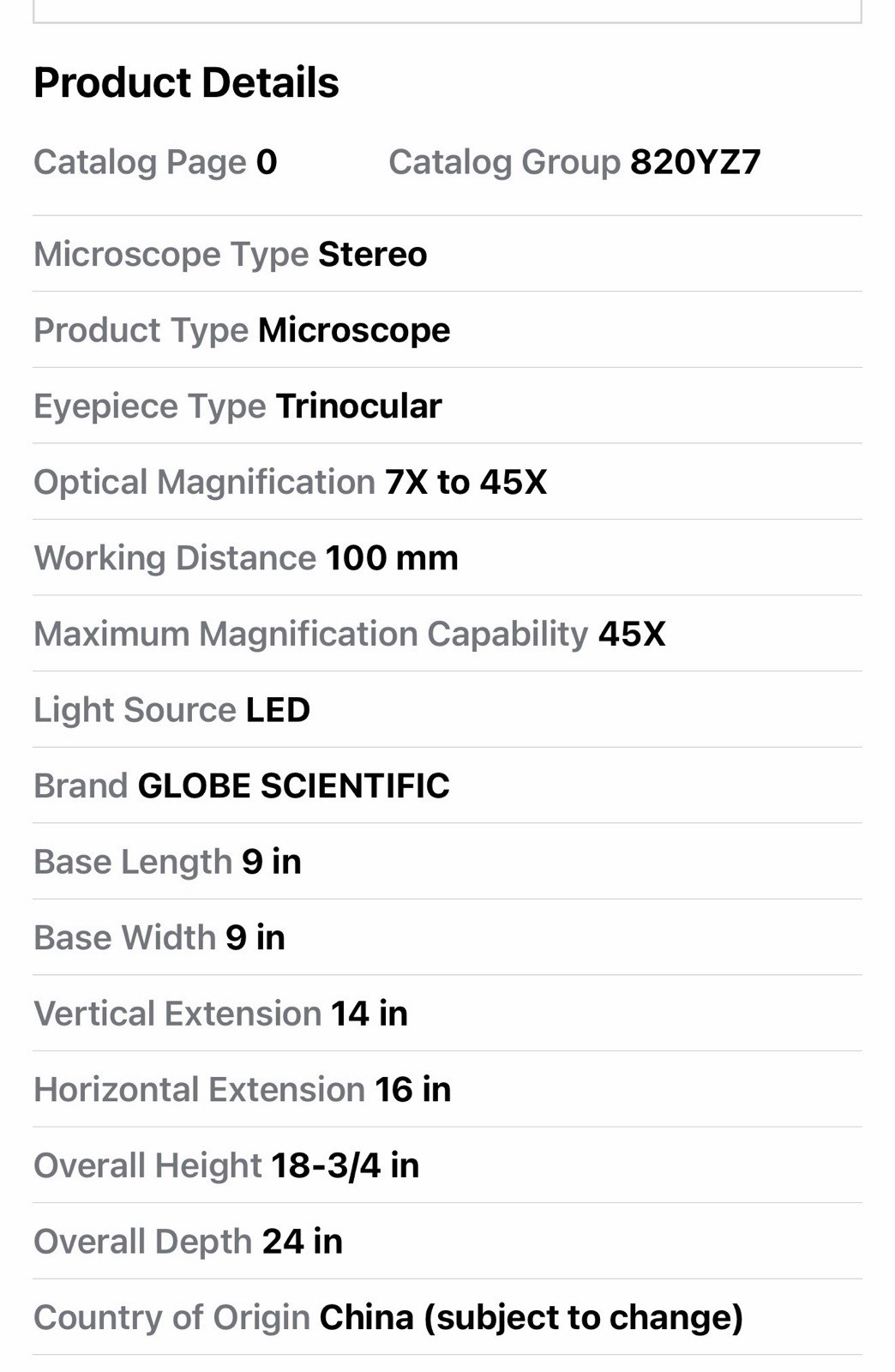 GLOBE SCIENTIFIC Microscope 820YZ7 7X-45X A-SM-3T-54S-5M Trinocular, New Open