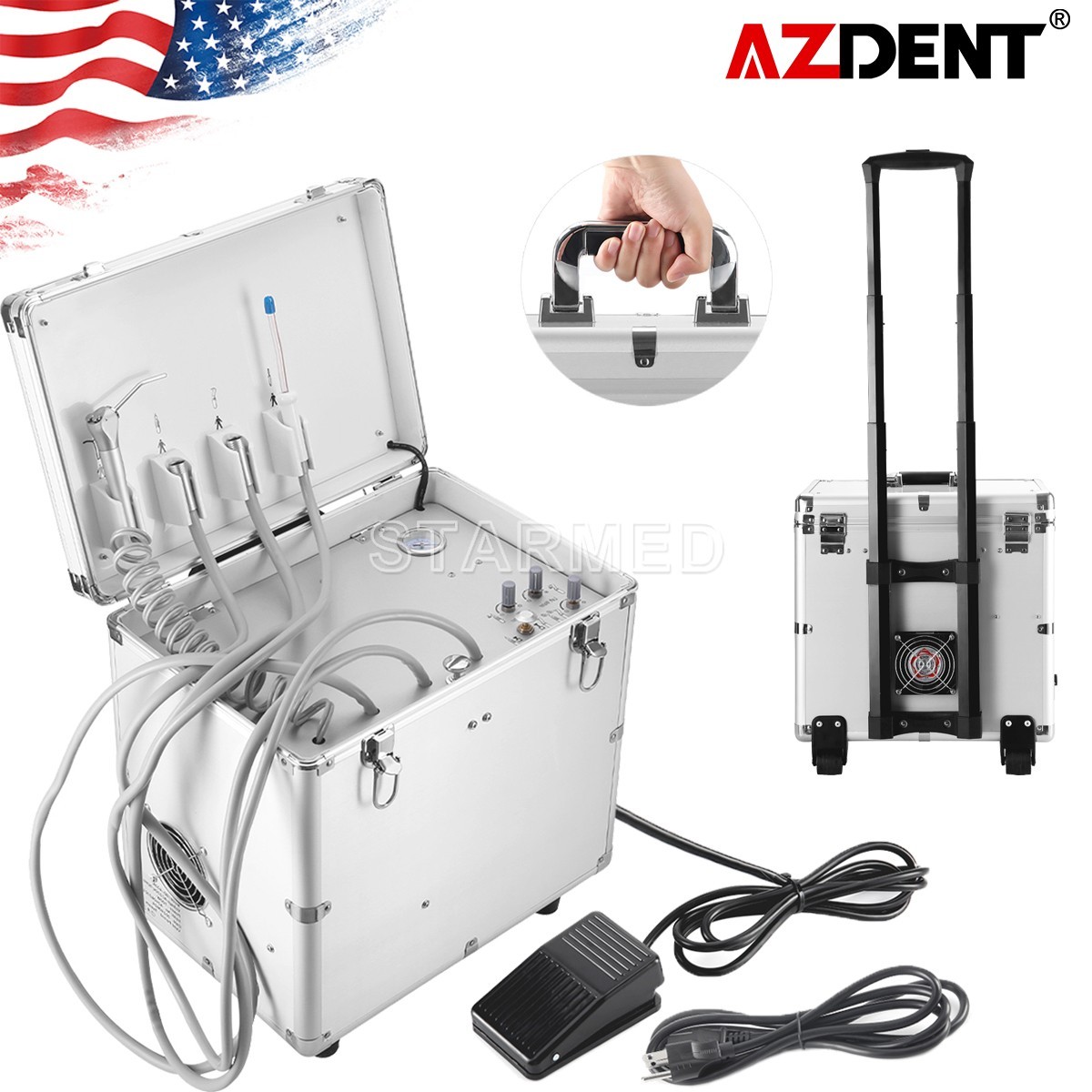 Portable Dental Delivery Unit Rolling Case Air Compressor Syringe Suction 4 Hole