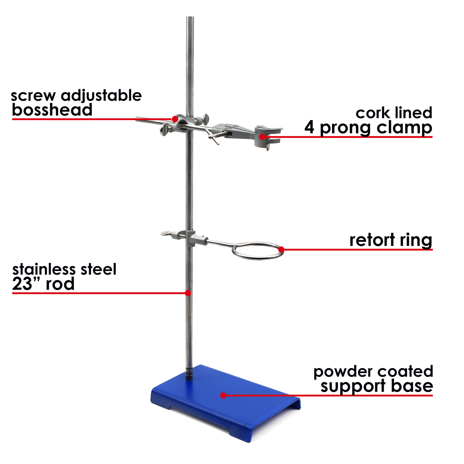 Metalware Set – Base (8″ x 5″), Rod (24″), Burette Clamp, 2.5″ Diameter Ring
