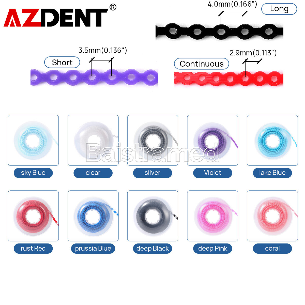 AZDENT Dental Orthodontic Colored Elastic Power Chain Elastic Ligature Ties