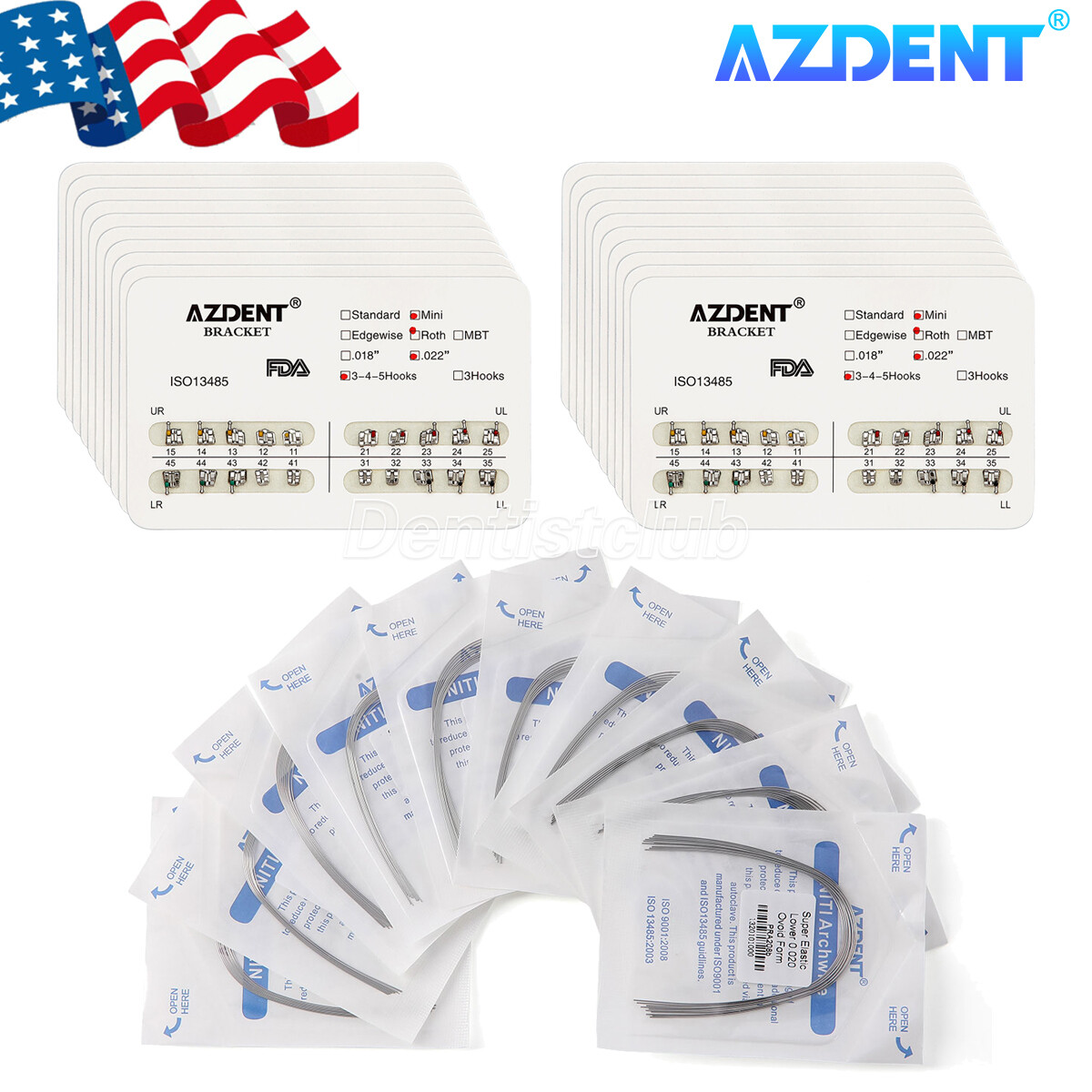 AZDENT Dental Orthodontic Braces Brackets Metal Mini Roth.022 Hook345/Arch Wires
