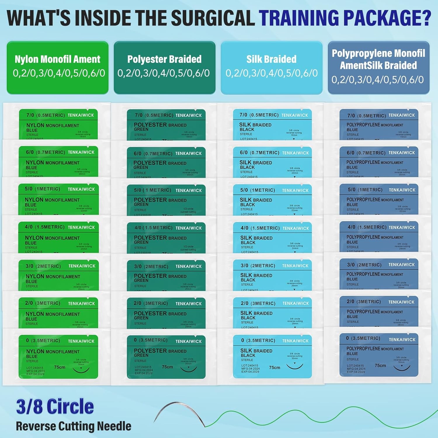 28 Packs Sutures Thread with Needle, Mixed Sutures, Training Threads(0,2/0,3/0,4